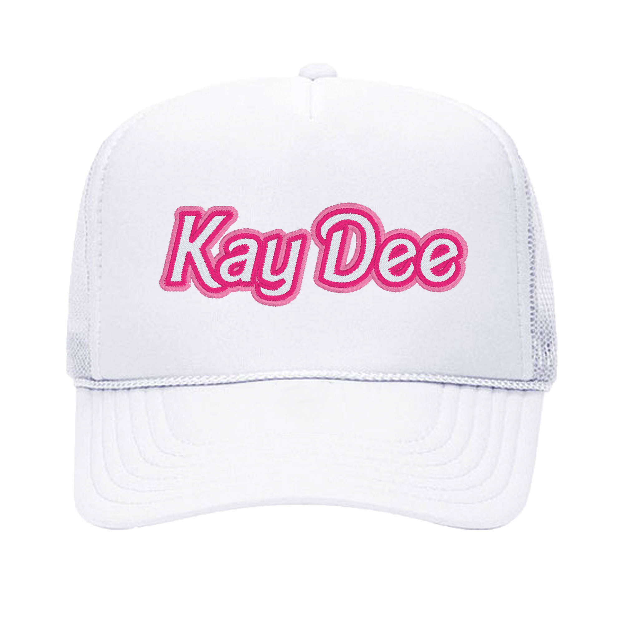 a white trucker hat with the word kay dee on it