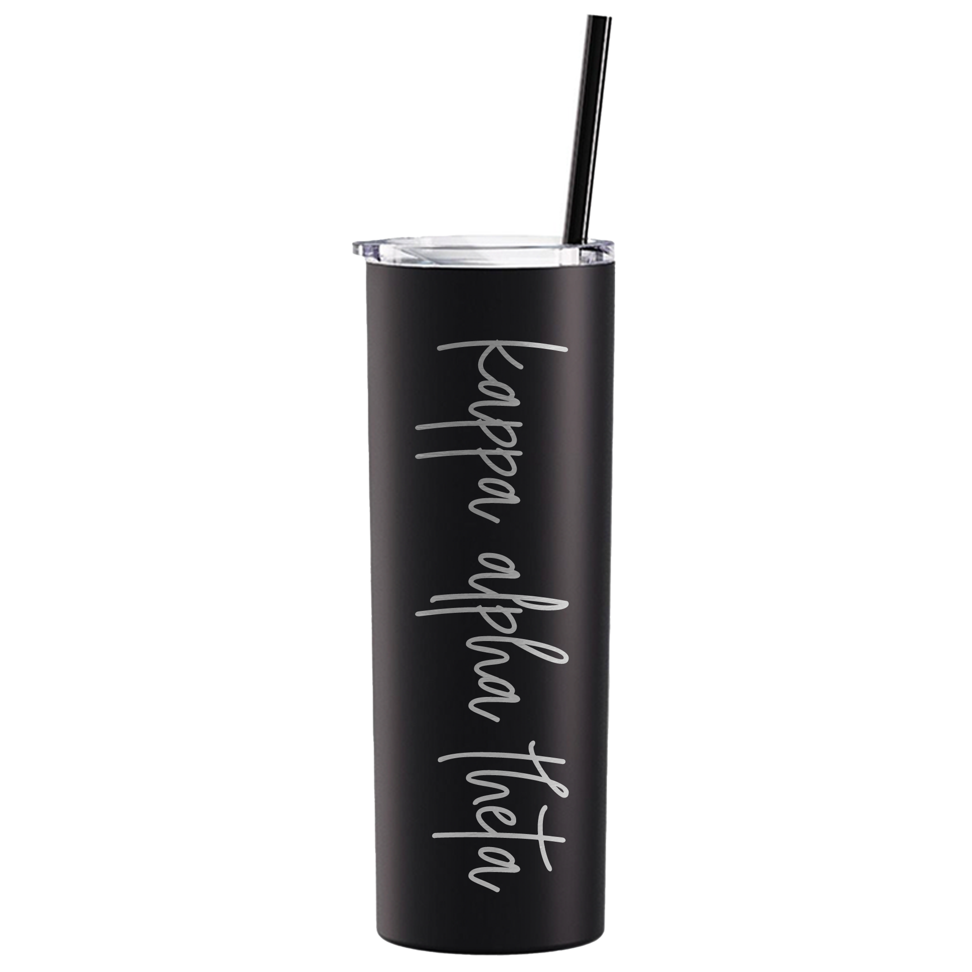 a black tumbler cup with a straw in it