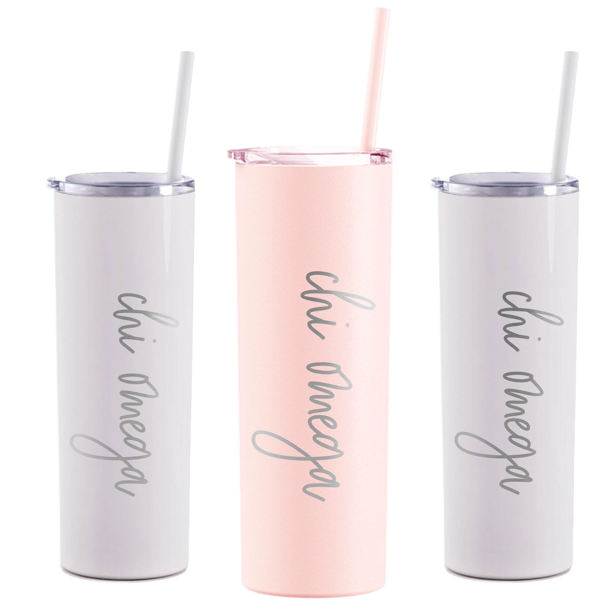 three personalized tumblers with straws in them