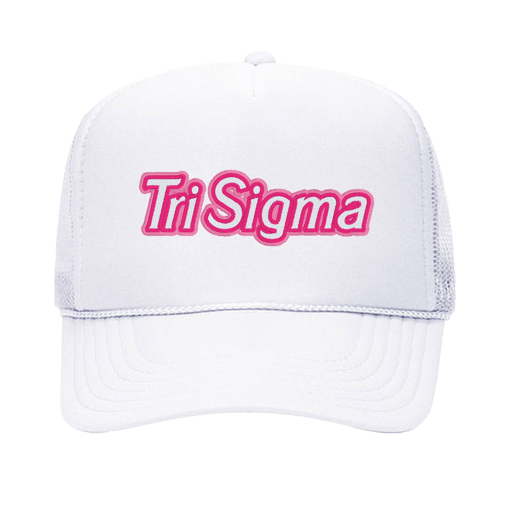 a white trucker hat with the word tri stigma on it