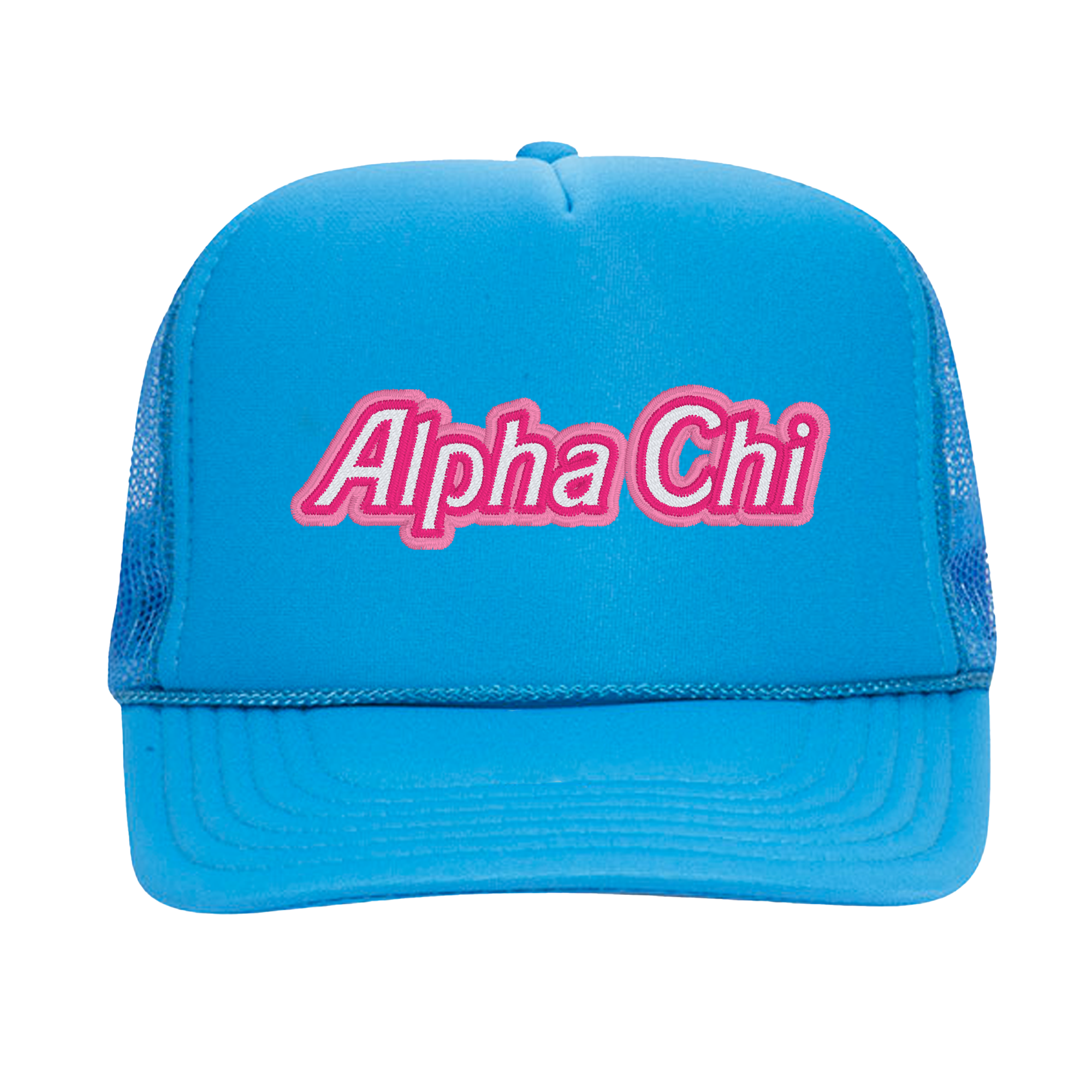 a blue trucker hat with the word alpha chi on it