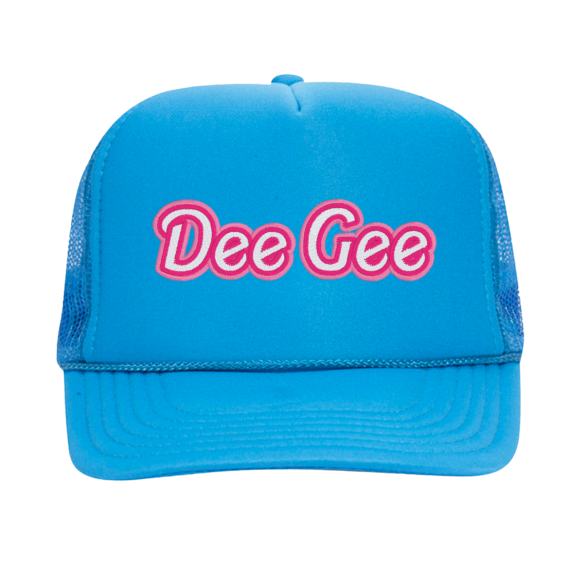 a blue trucker hat with the word dee gee on it