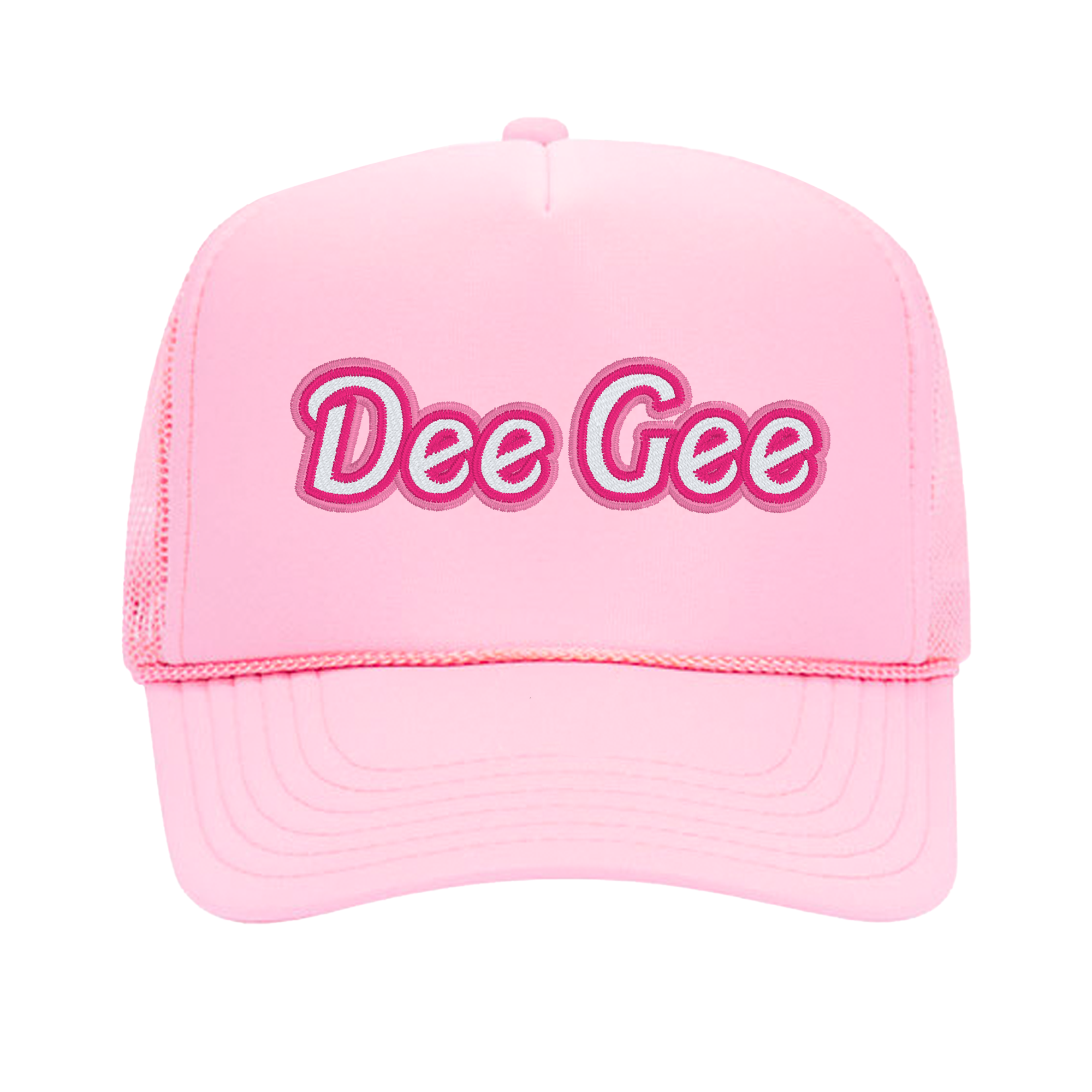 a pink trucker hat with the word dee gee on it