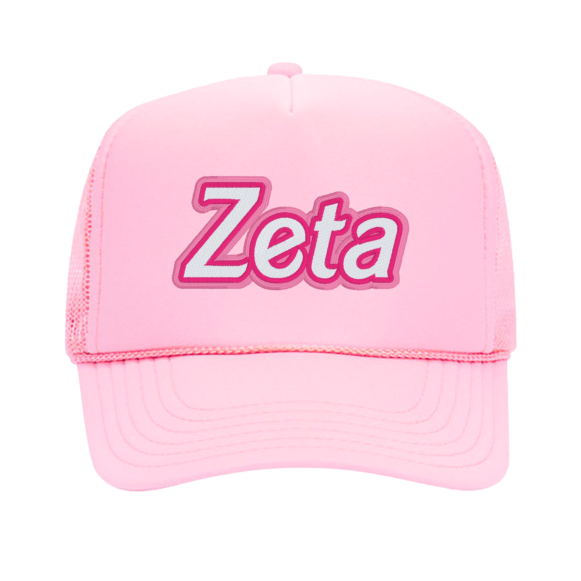 a pink hat with the word zeta printed on it