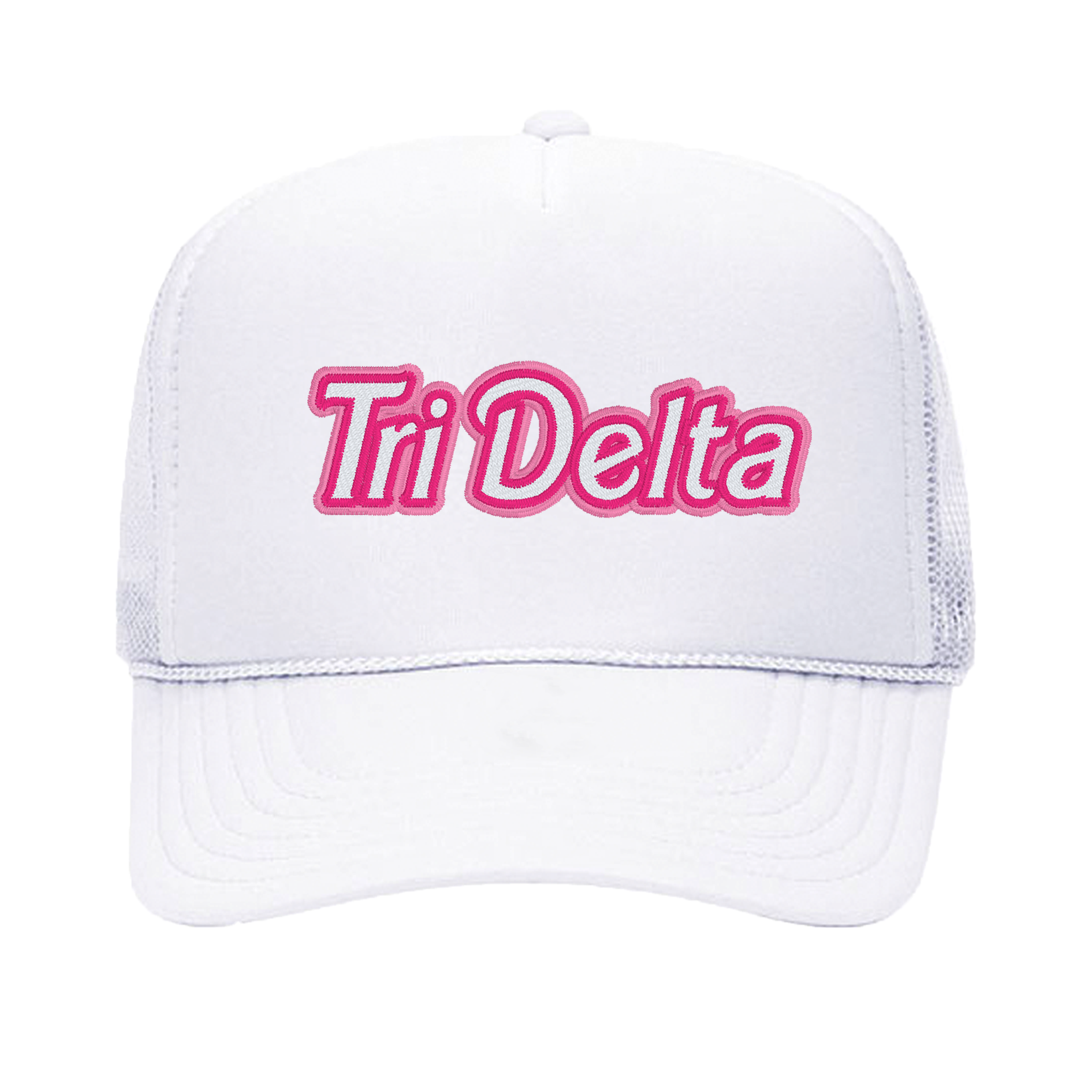 a white trucker hat with the word tri delta printed on it