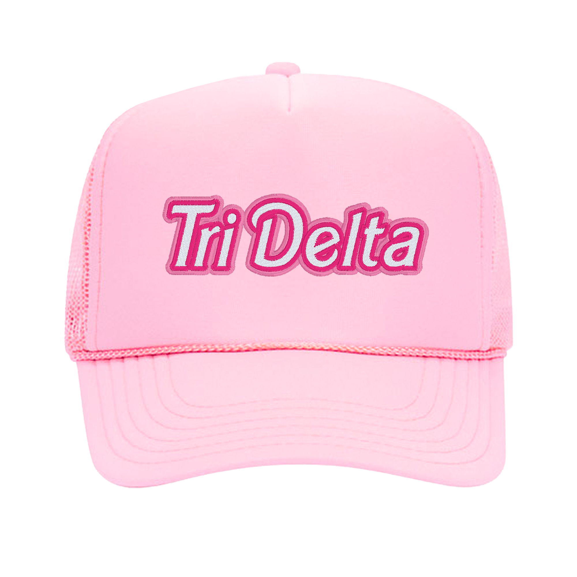 a pink trucker hat with the word tri delta on it