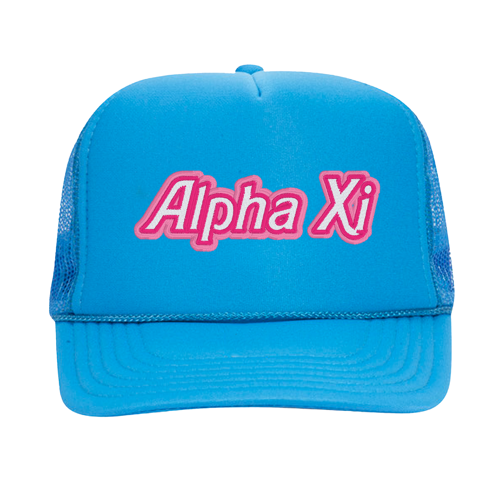 a blue trucker hat with the word alpha xi on it