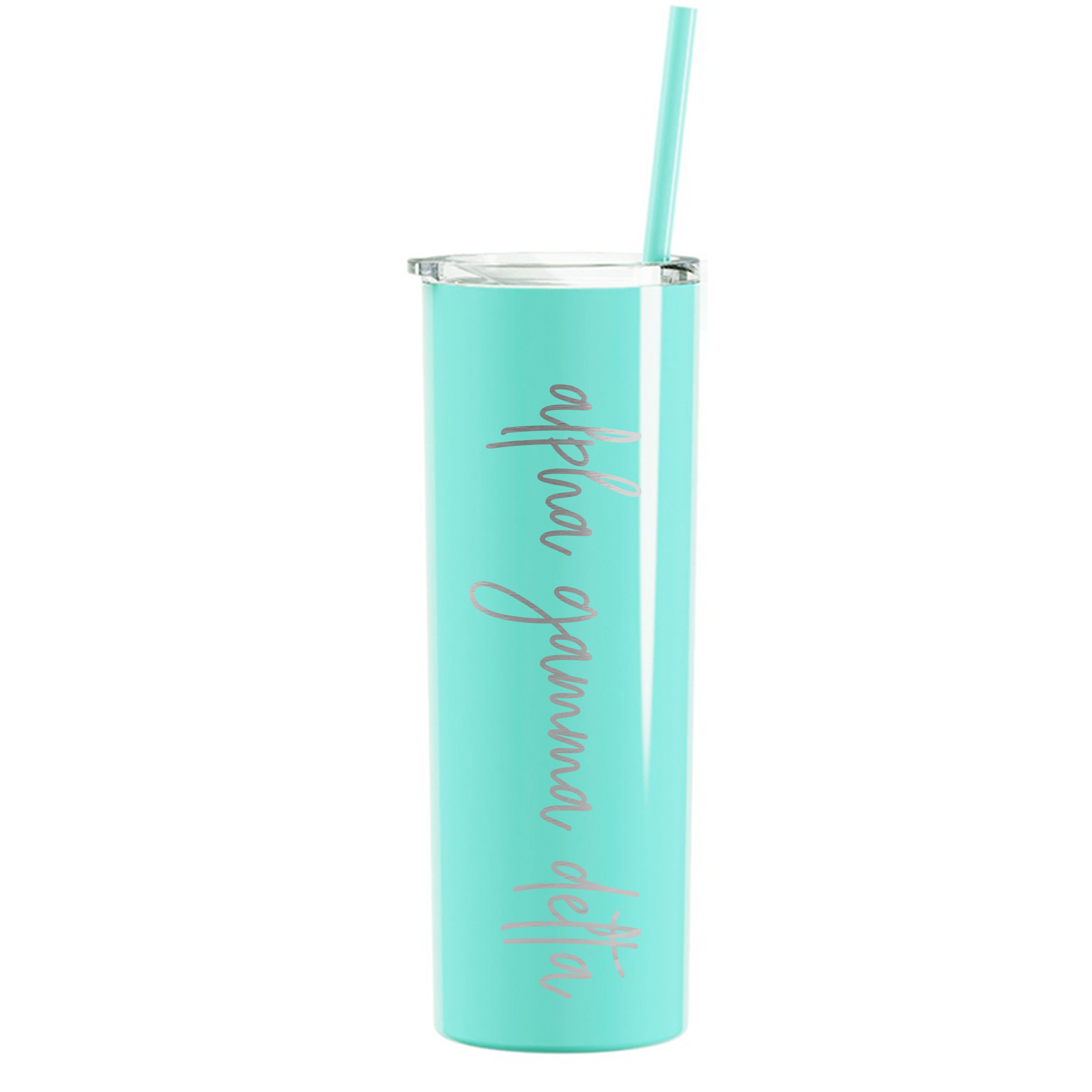 a blue tumbler cup with a straw in it