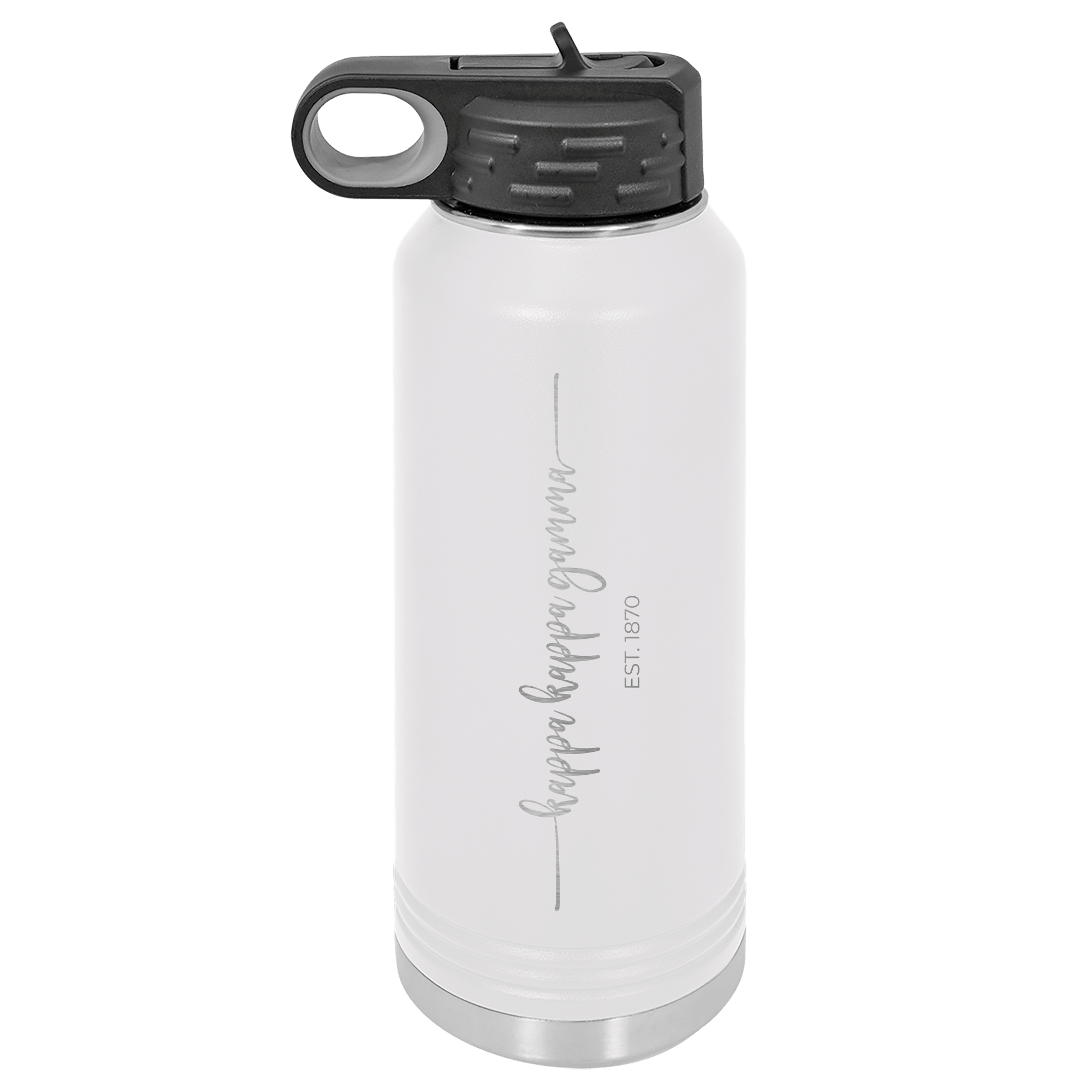 a white water bottle with a black lid