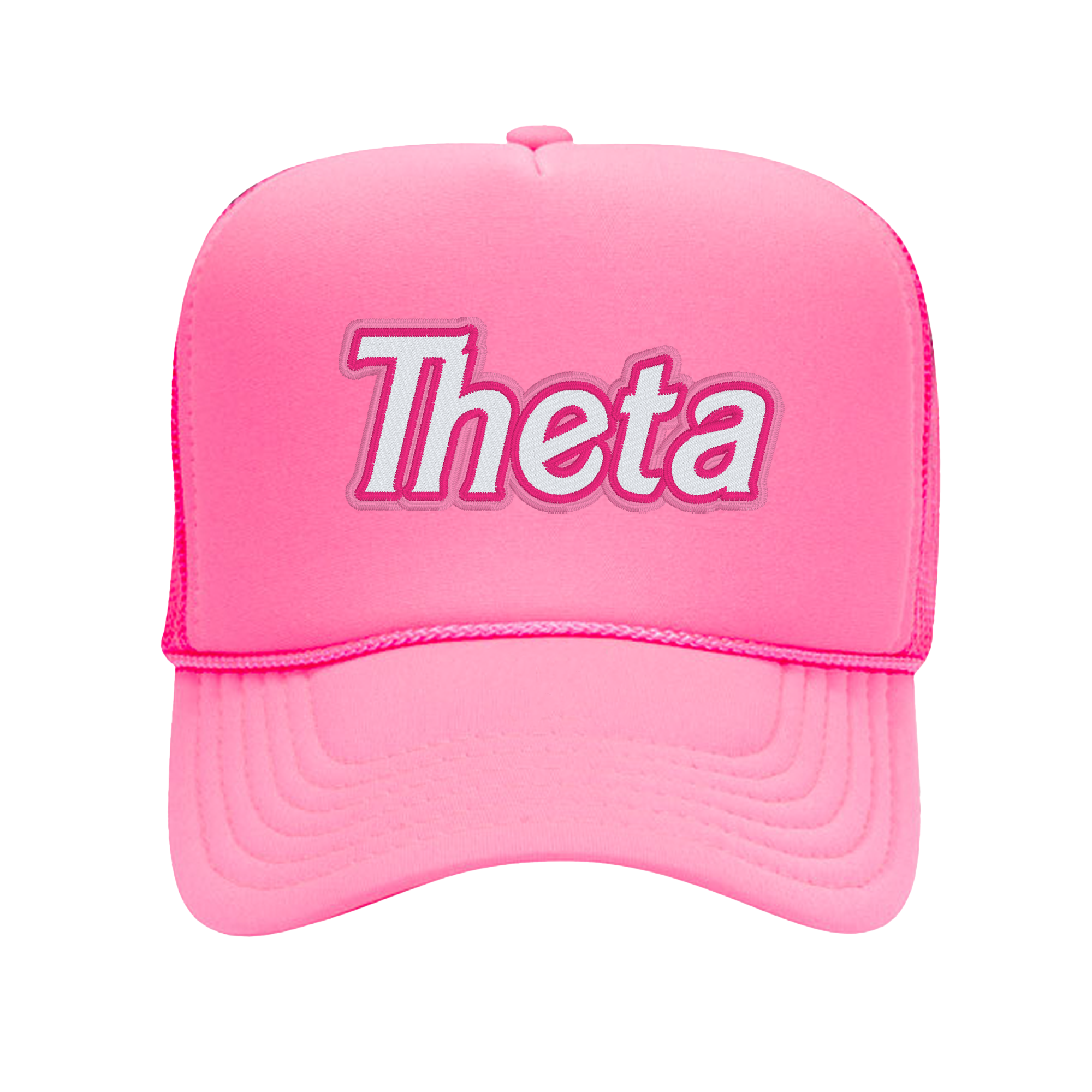 a pink hat with the word theta printed on it