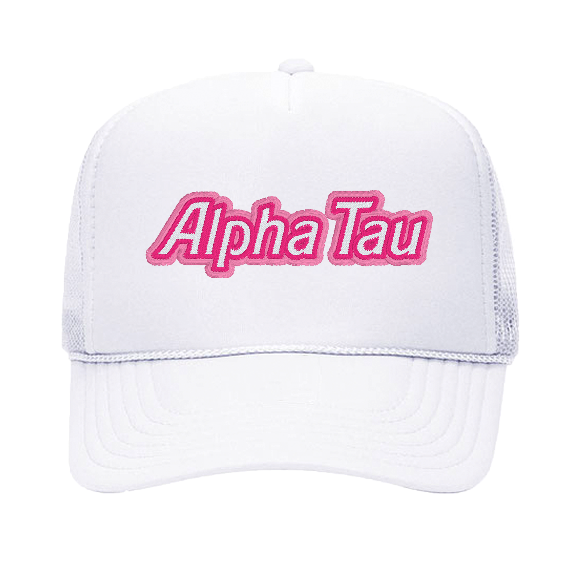 a white trucker hat with the word alpha tau on it