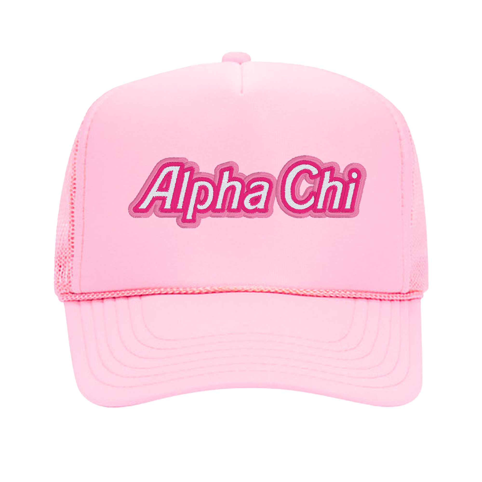a pink trucker hat with the word alpha chi on it
