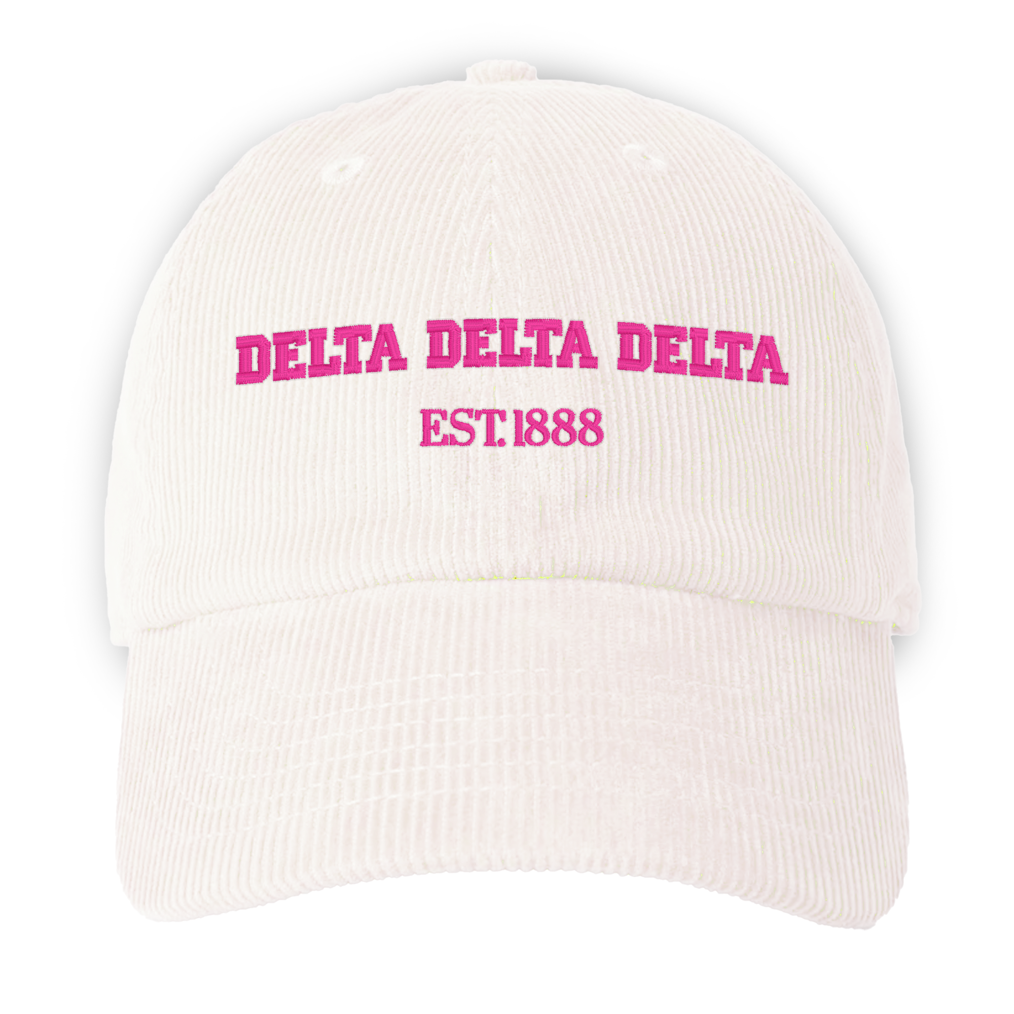 a white hat with a pink delta delta embroidered on it