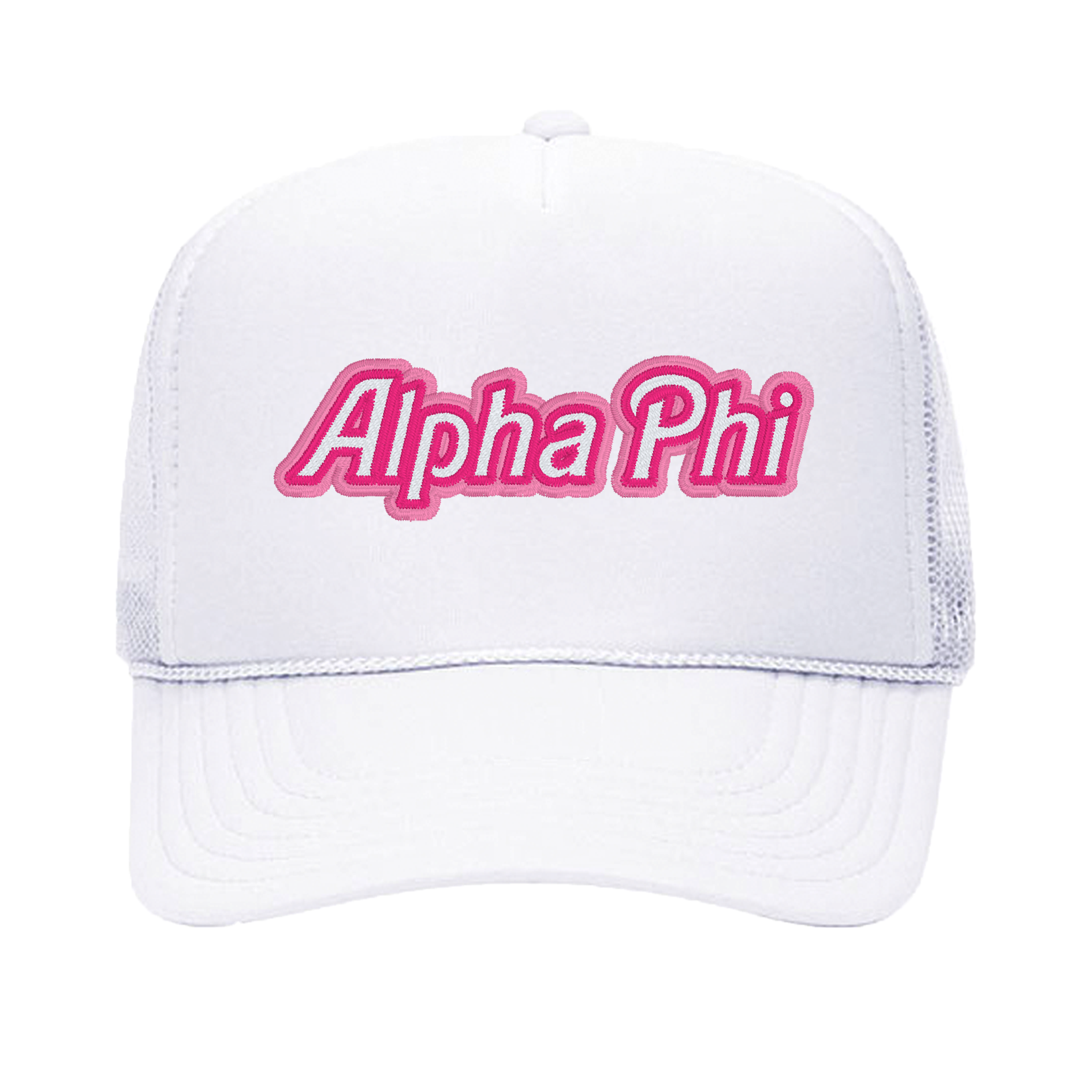 a white hat with the word alpha phi on it
