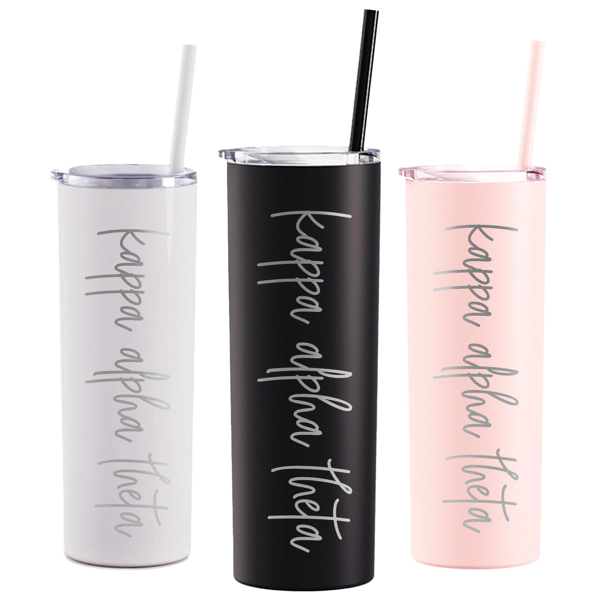 three different colored tumblers with a straw in them