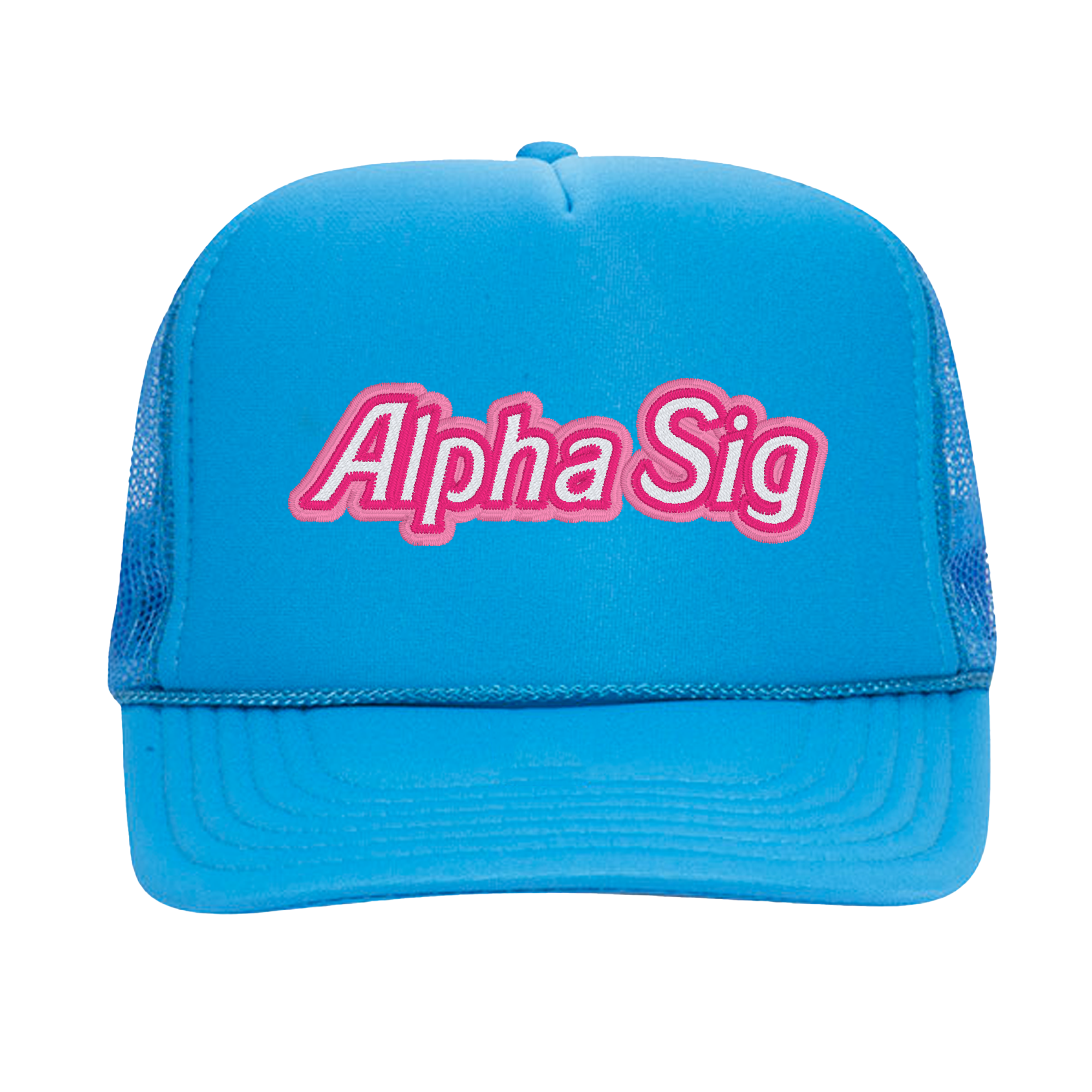 a blue trucker hat with the word alpha sig on it