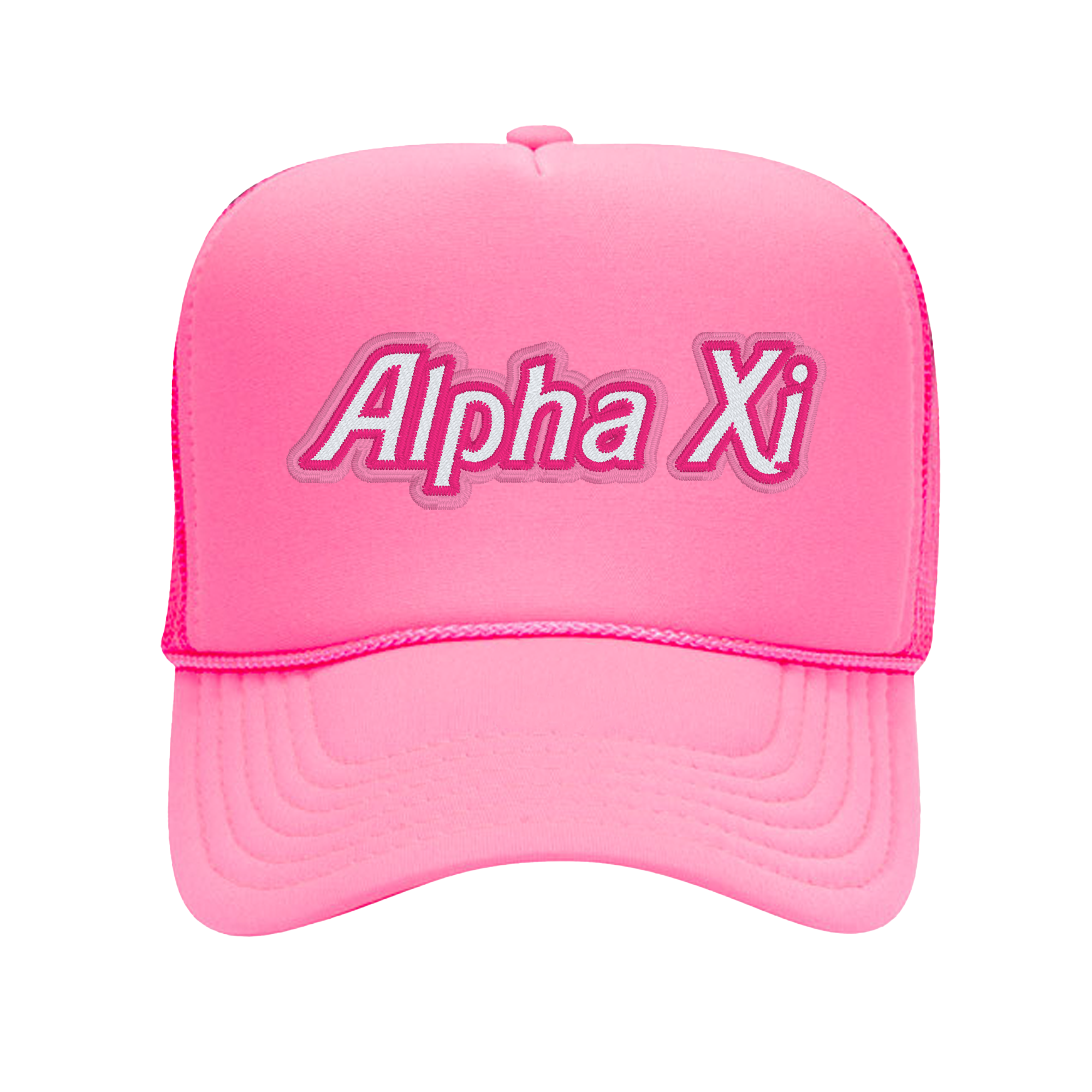 a pink hat with the word alpha xi on it