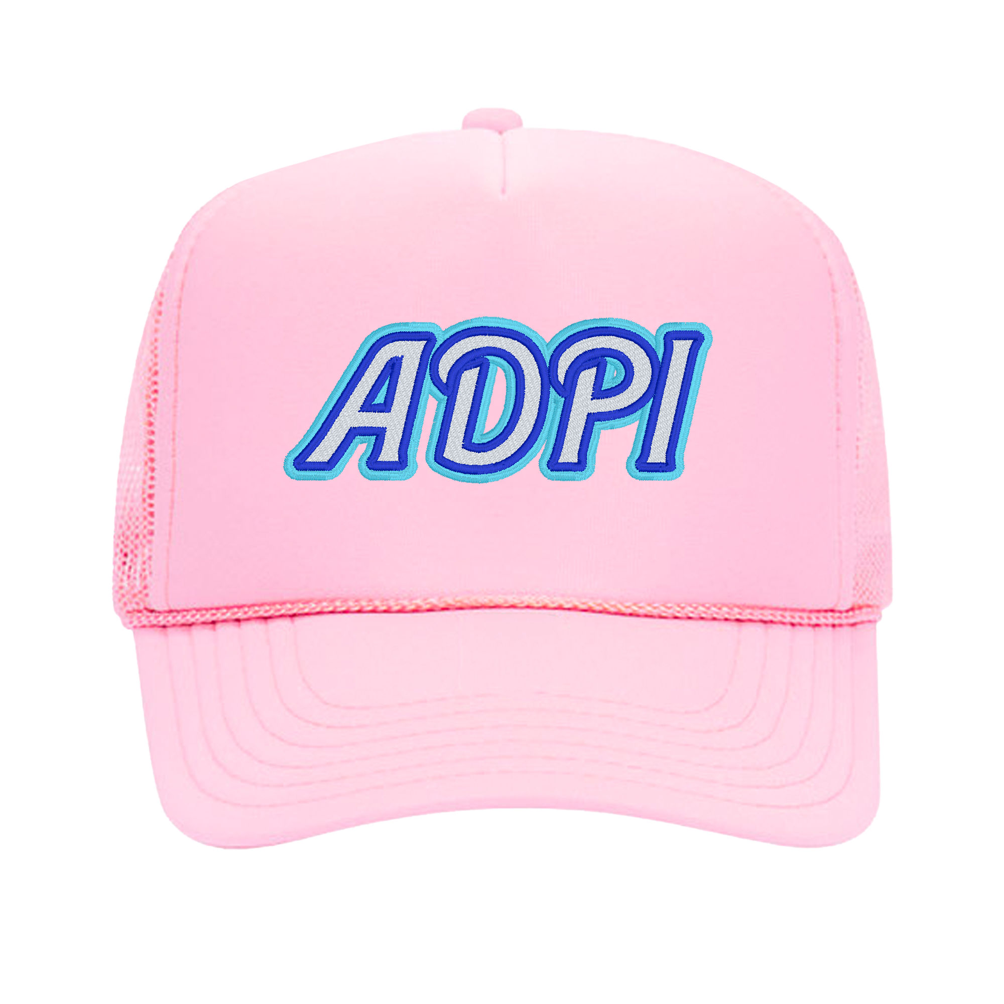 a pink trucker hat with the word aopi on it
