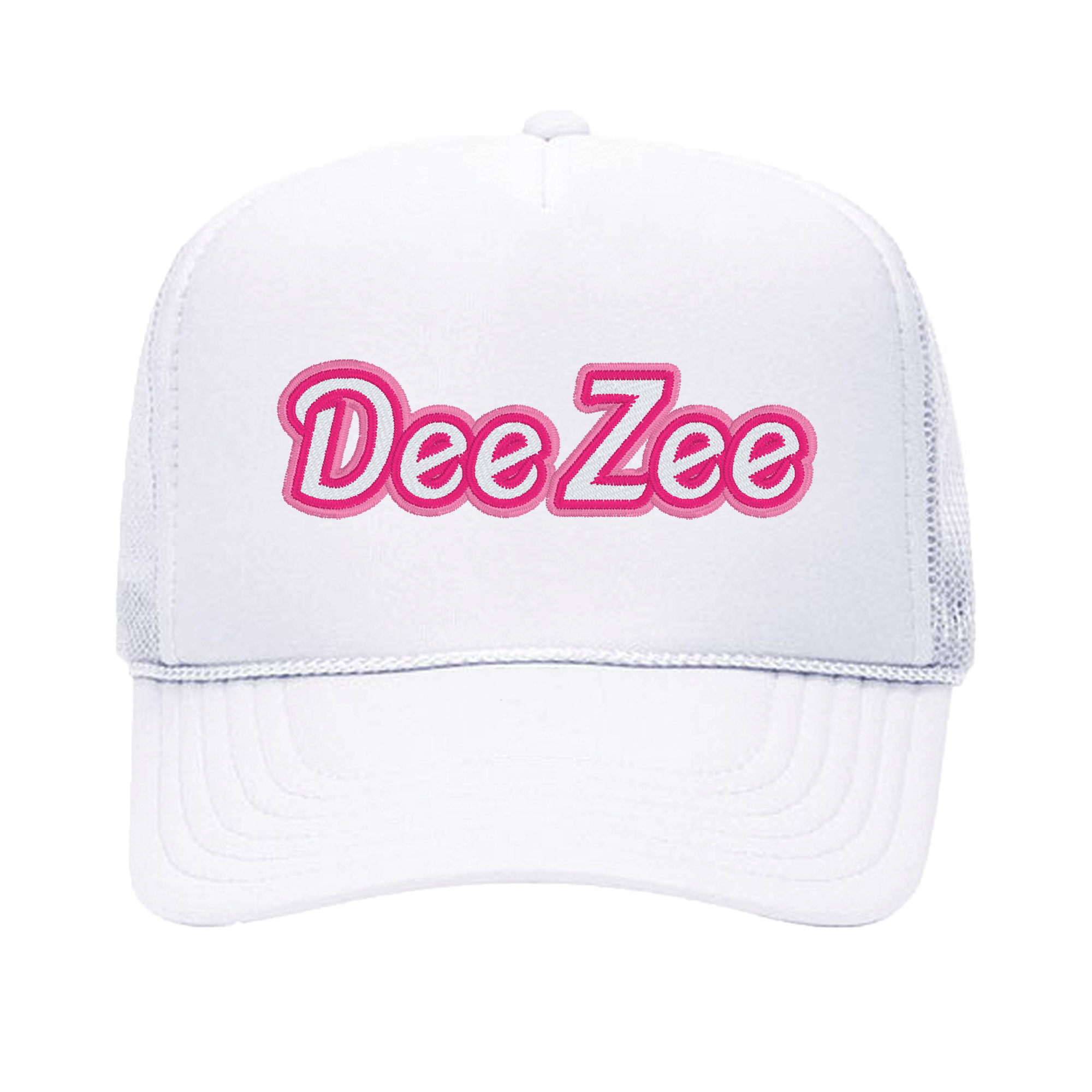 a white trucker hat with the word dee zeee on it