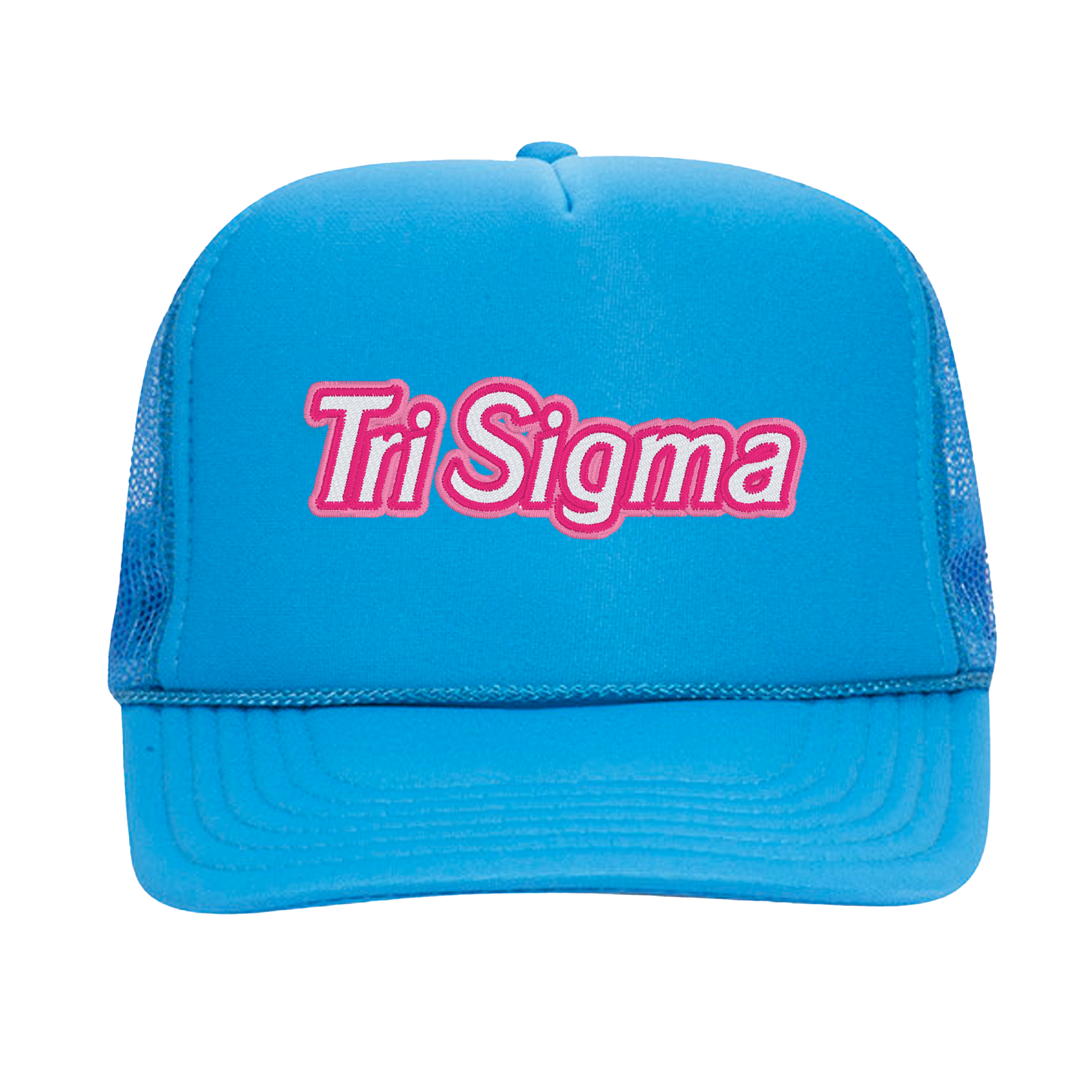 a blue trucker hat with the word tri stigma on it