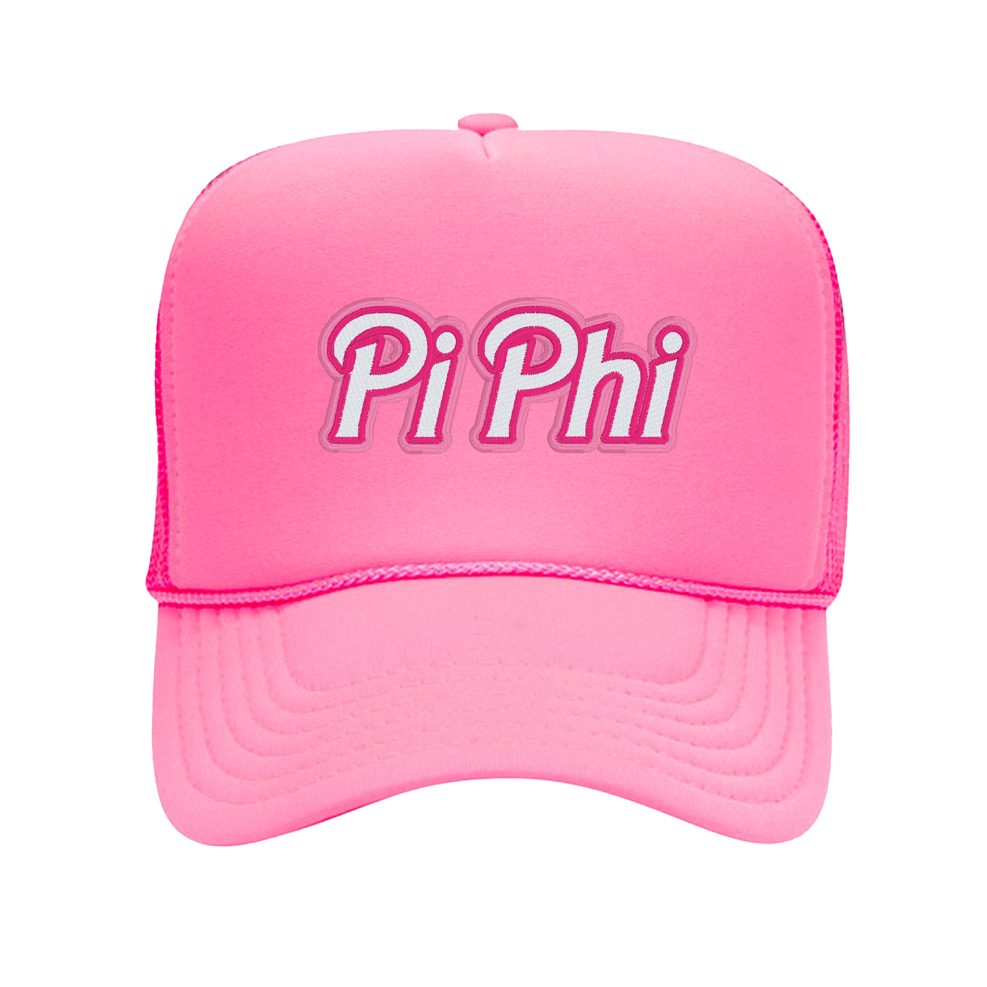 a pink hat with the word pi phi on it