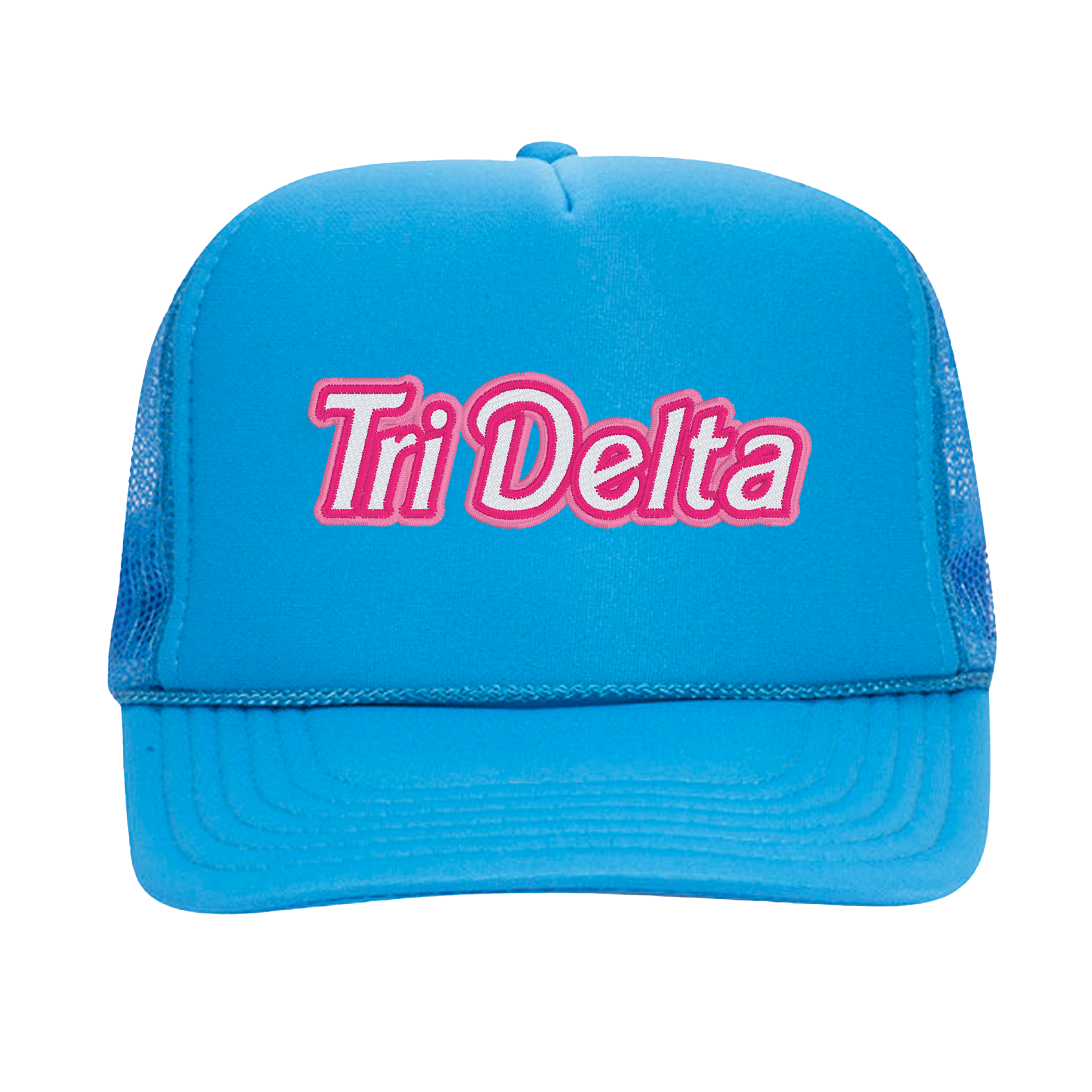 a blue trucker hat with the word tri delta on it