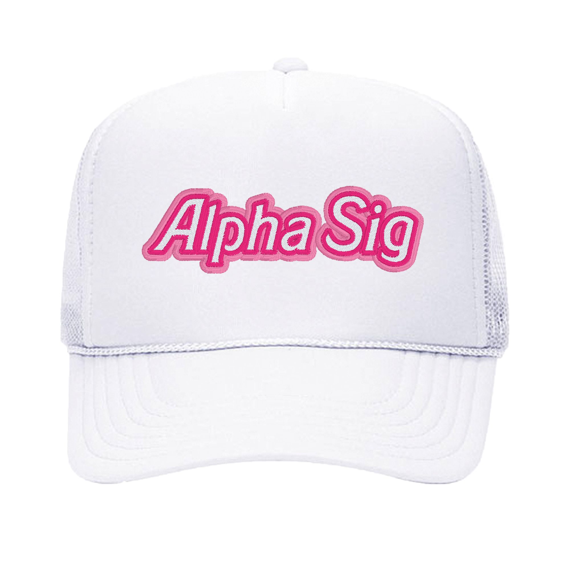 a white hat with the word alpha sig on it