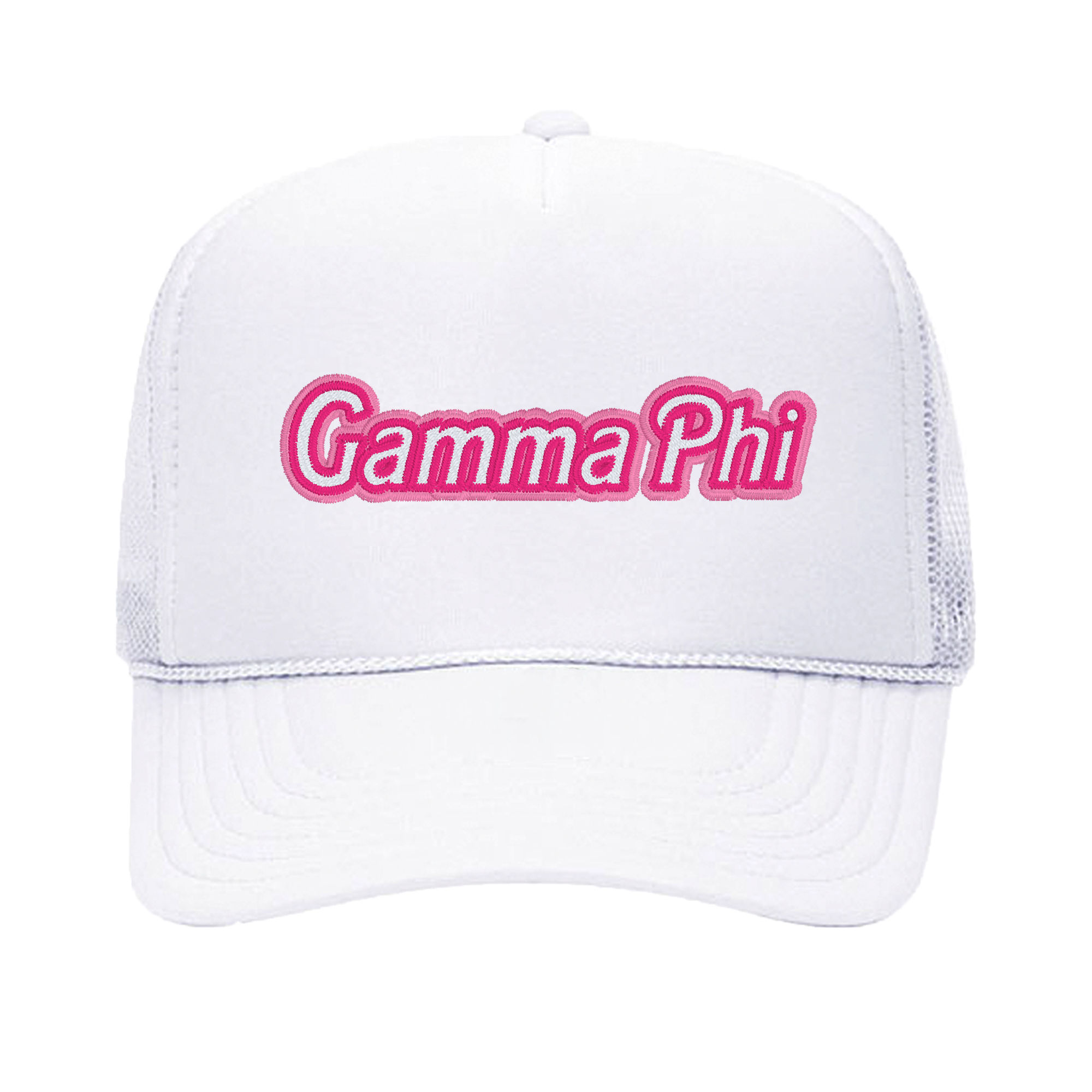a white and pink hat with the word gumma phi on it