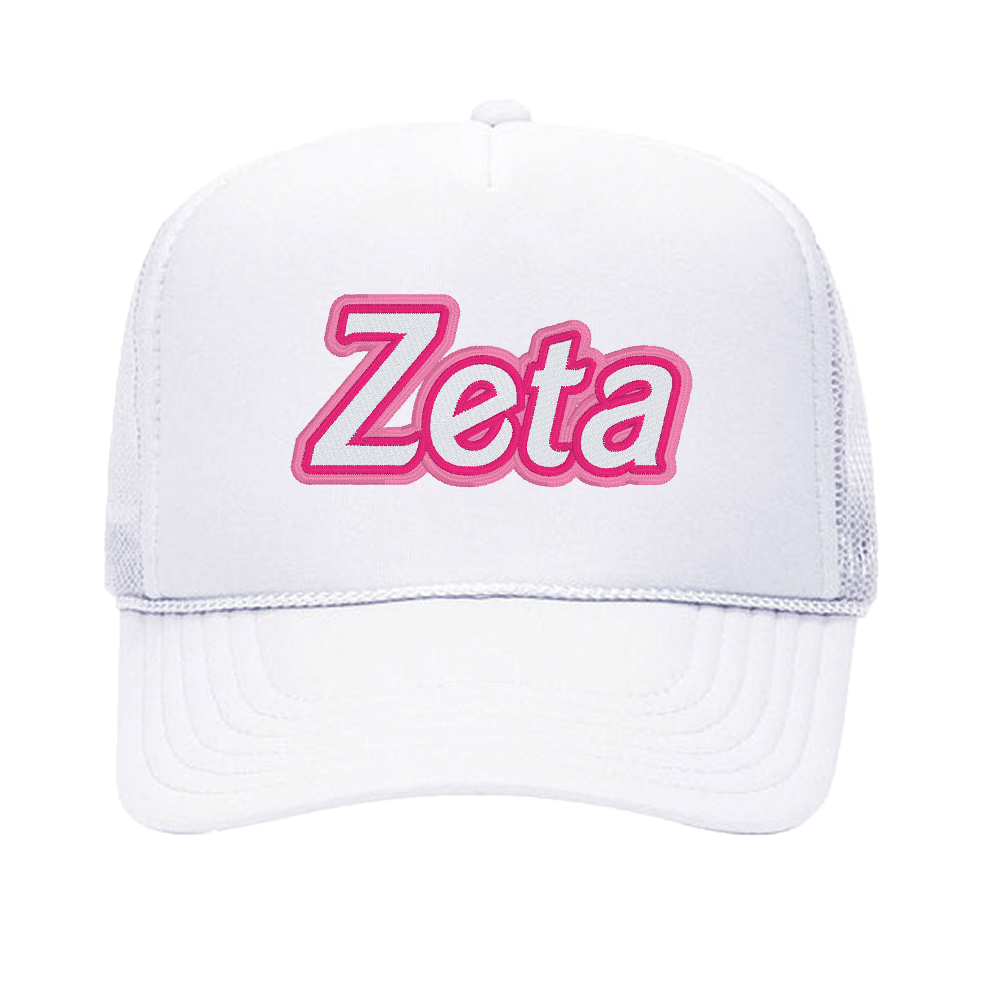 a white hat with the word zeta printed on it