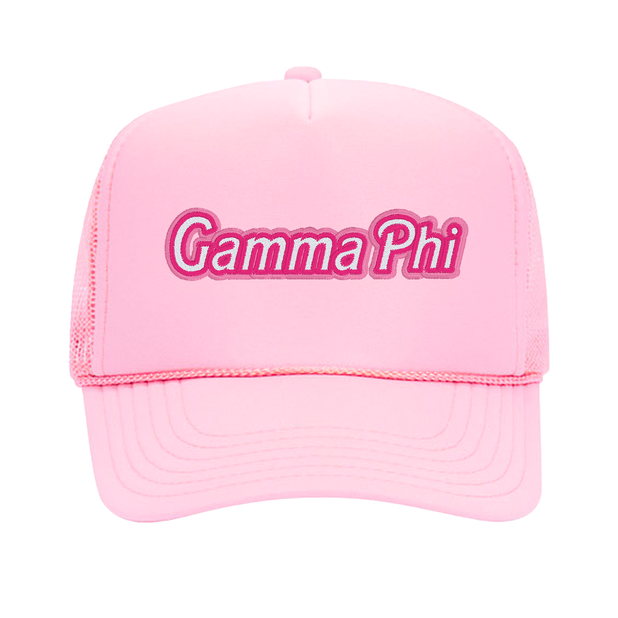 a pink trucker hat with the word gumma phi on it
