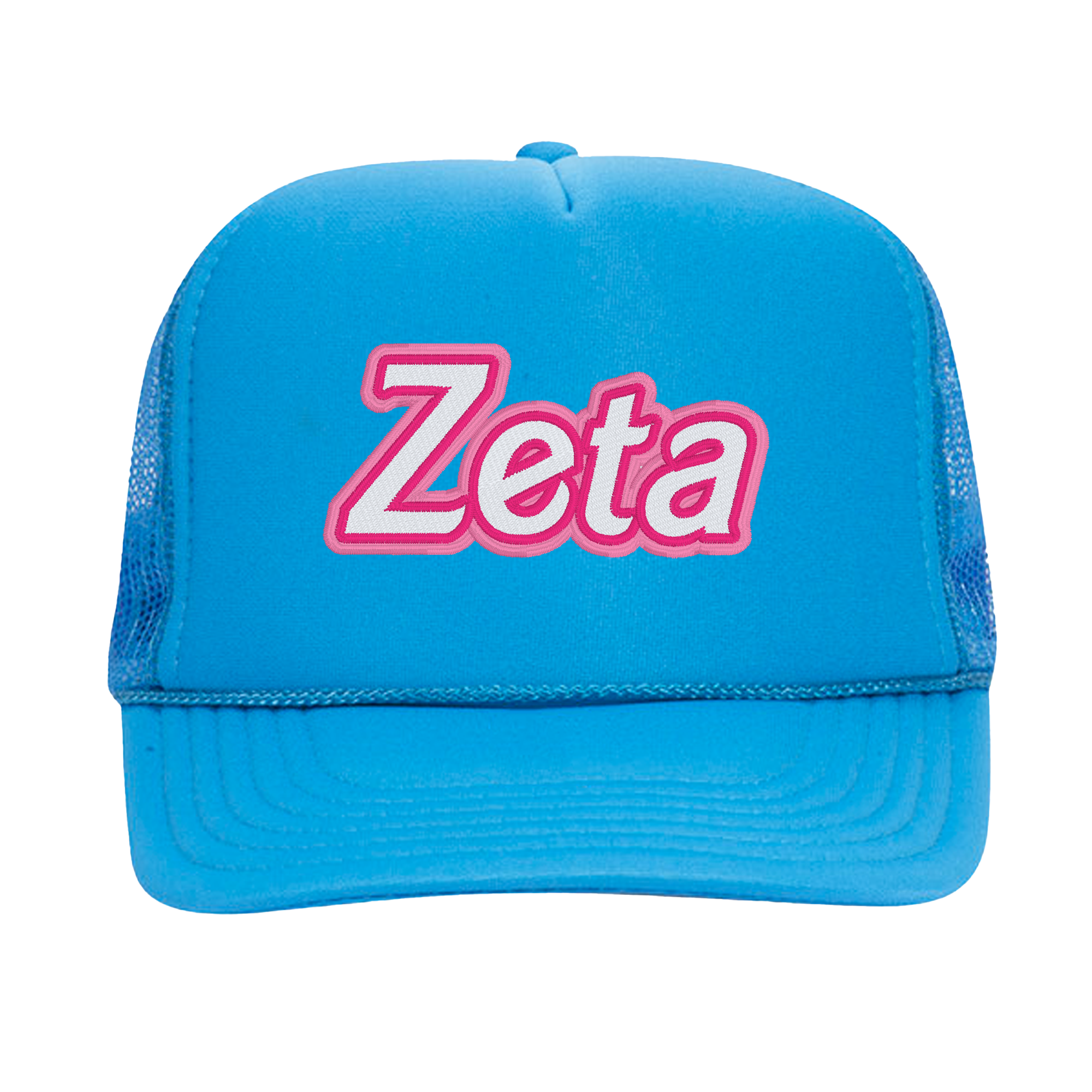 a blue hat with the word zeta printed on it