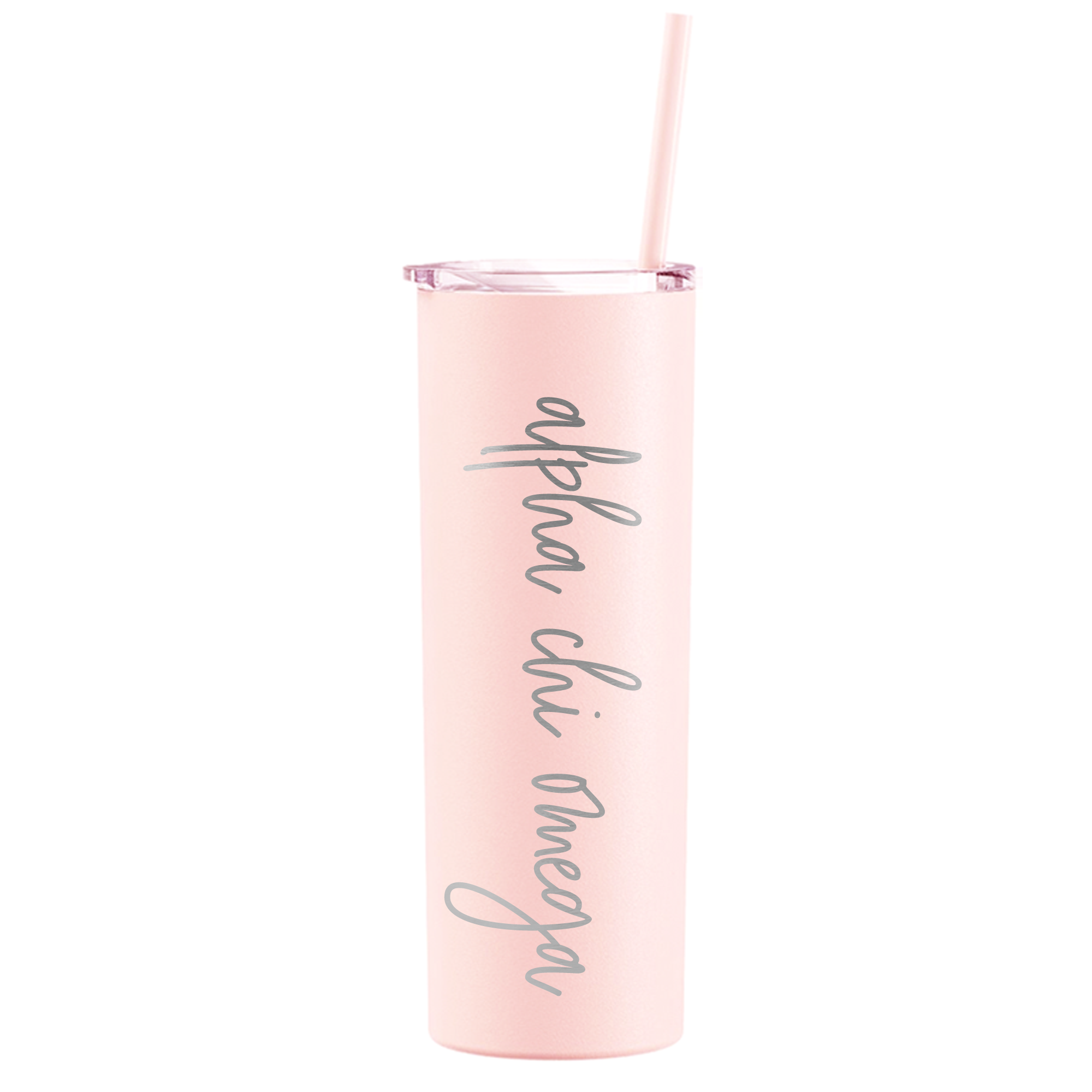 a pink tumbler cup with a straw in it