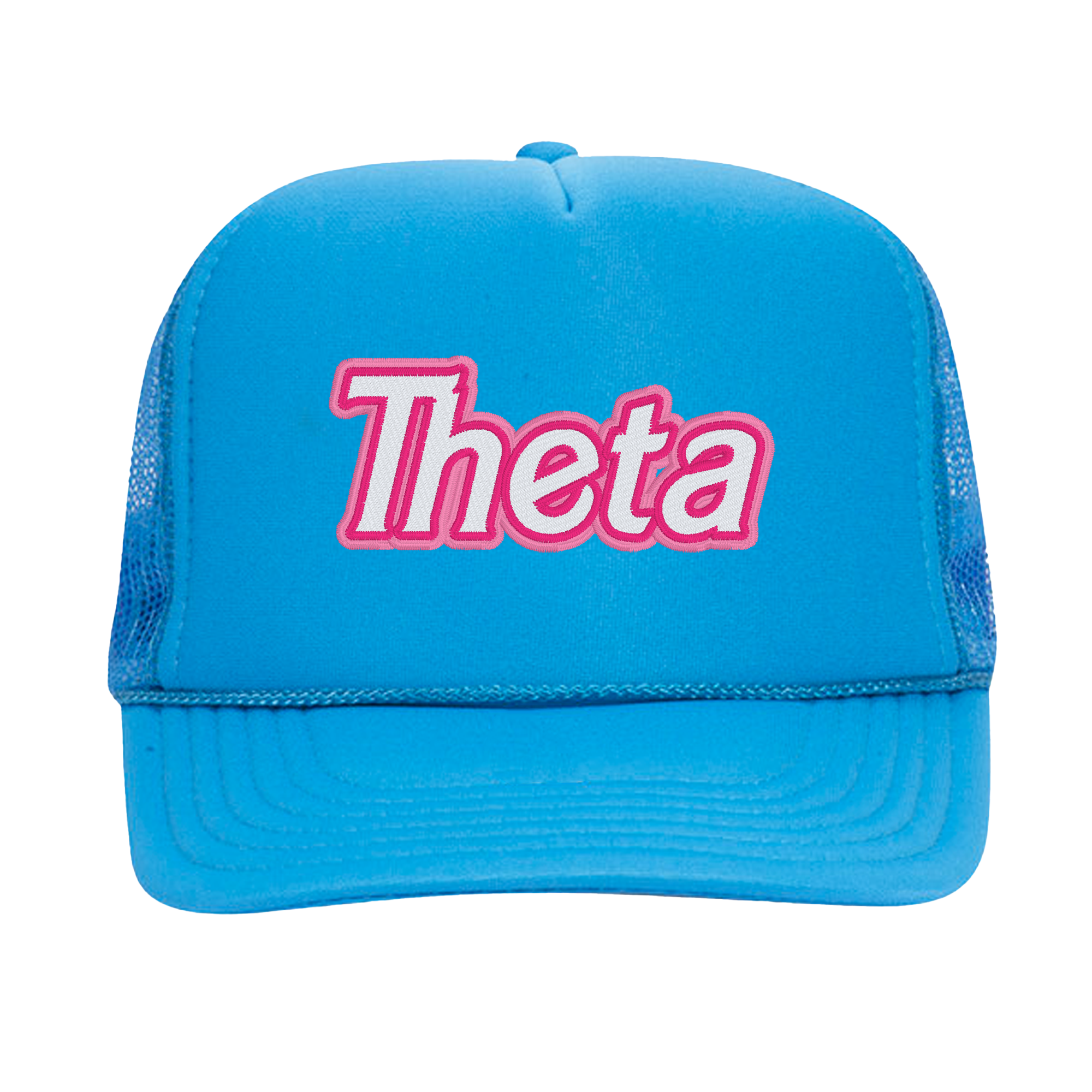 a blue hat with the word theta printed on it
