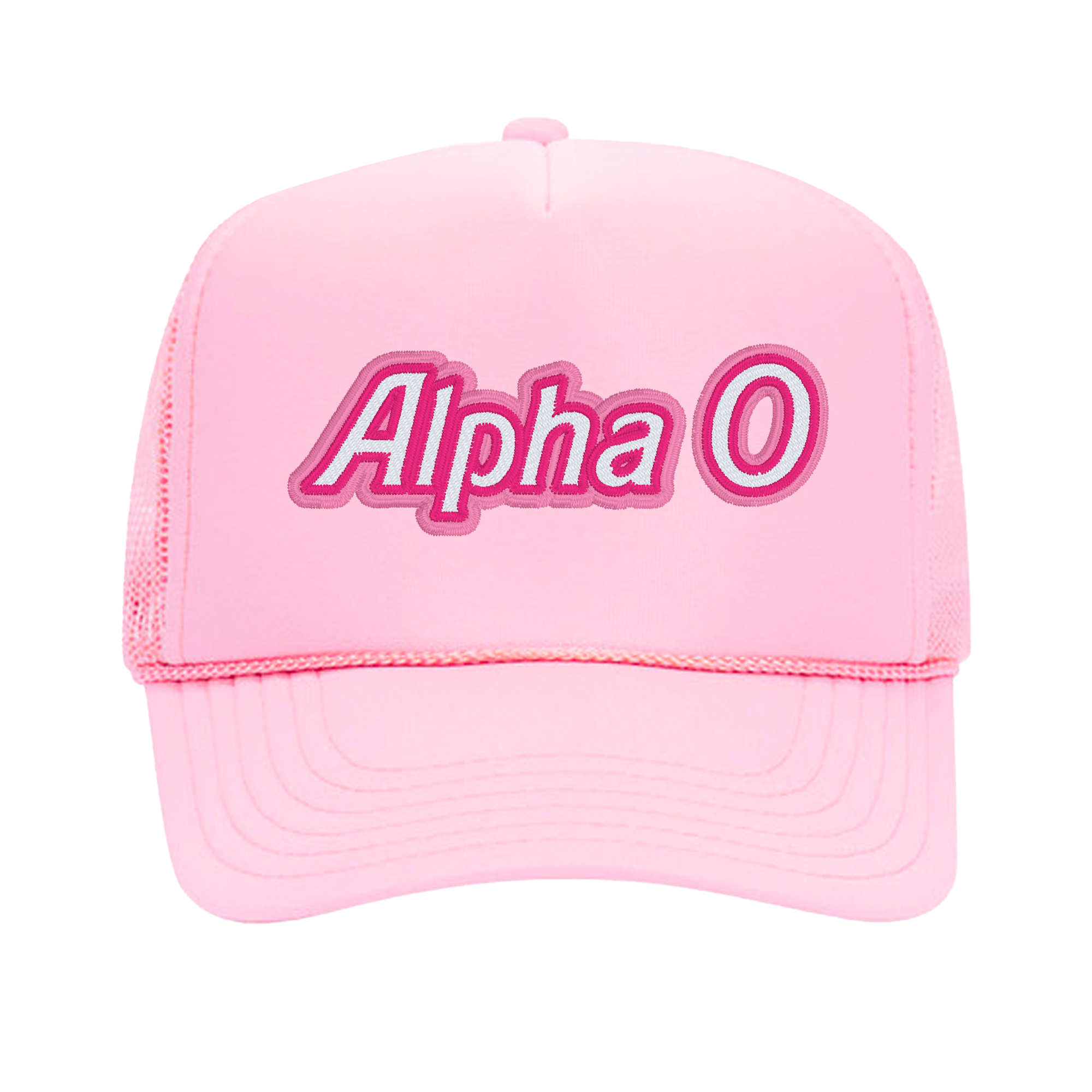 a pink trucker hat with the word alpha on it