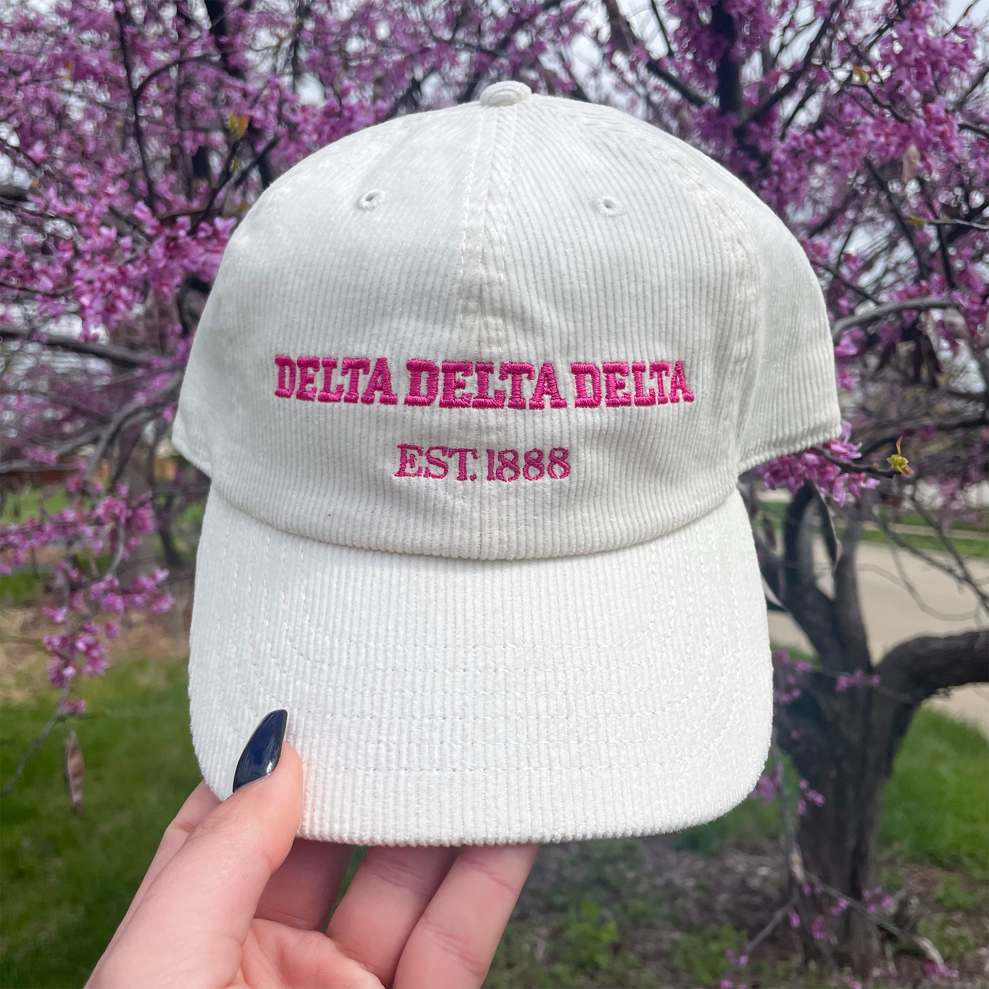 a white hat with the delta delta pink embroidered on it