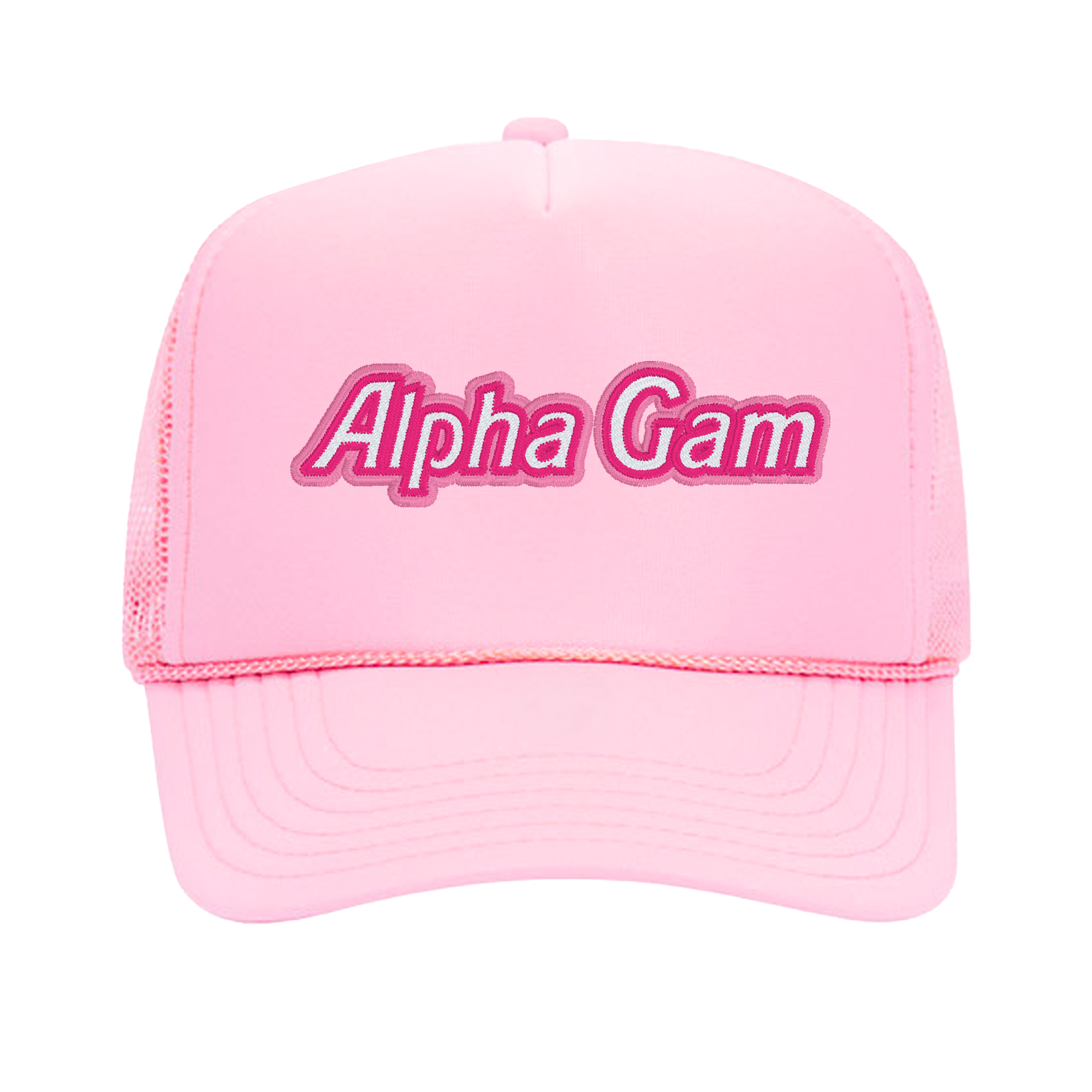 a pink trucker hat with the word alpha gam on it