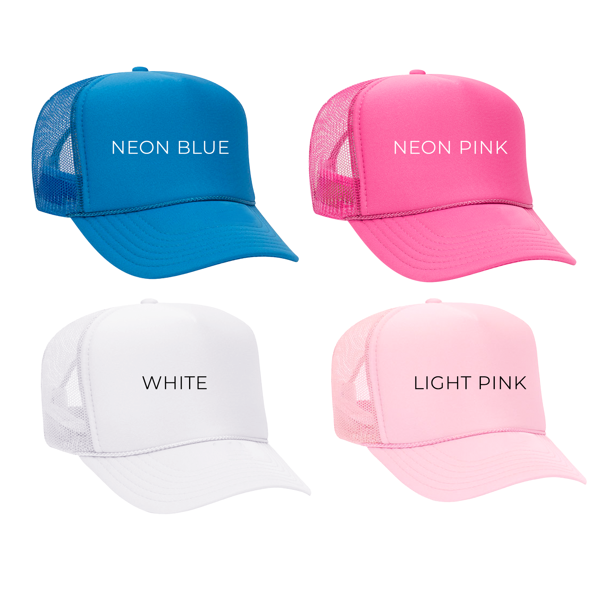 three hats with neon pink, neon blue, and neon pink