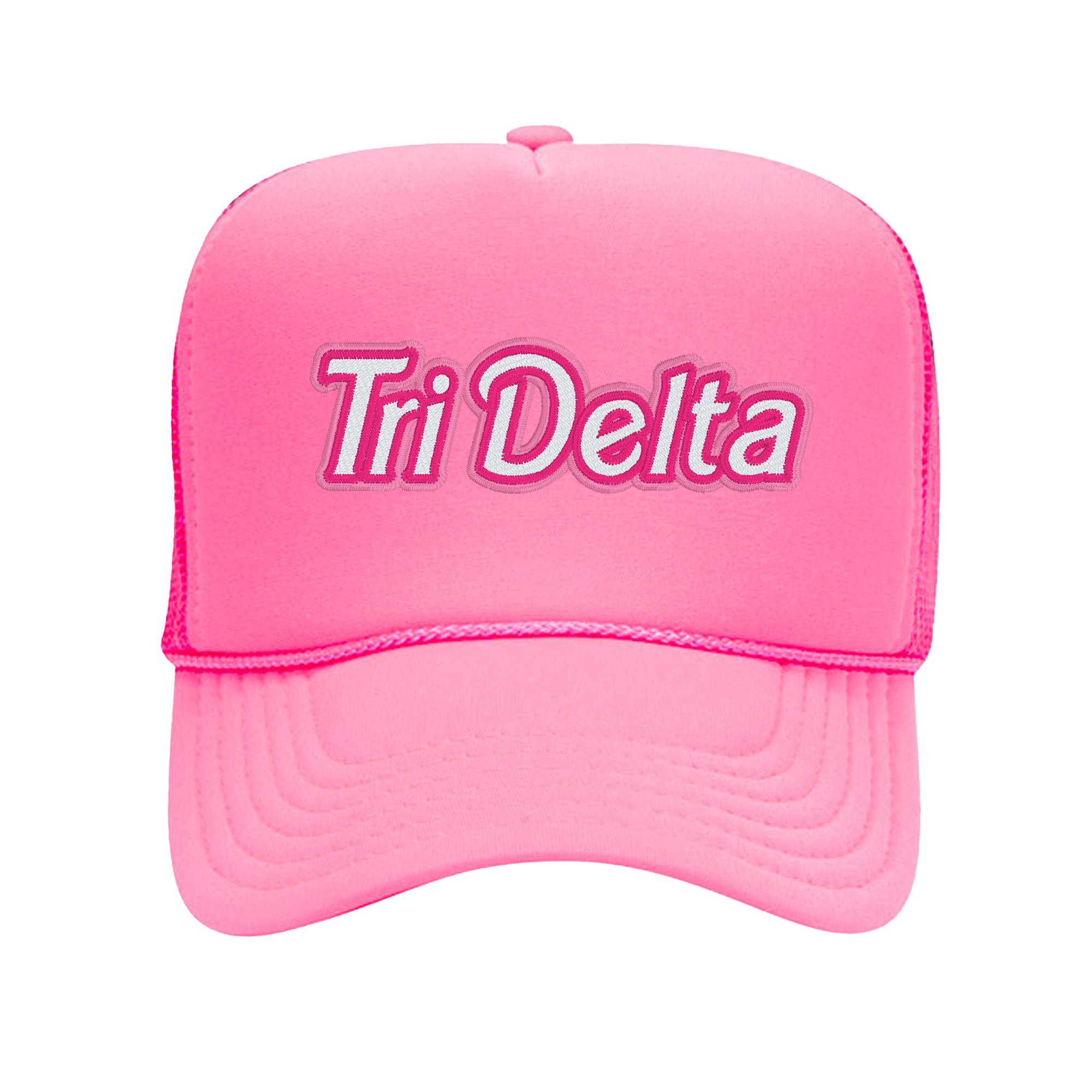 a pink trucker hat with the word tri delta on it