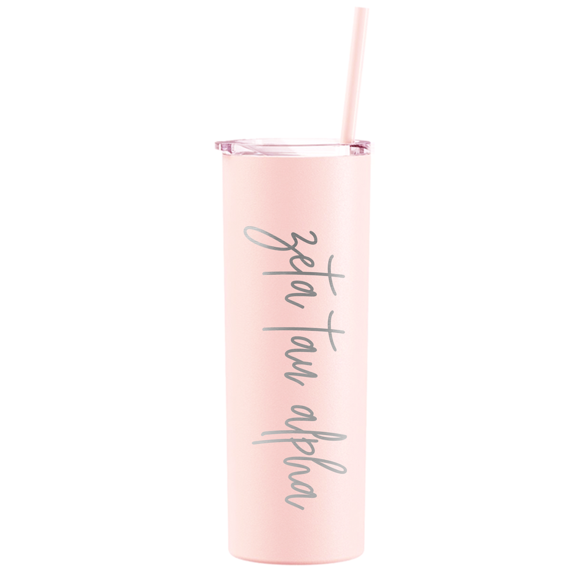 a pink tumbler cup with a straw in it