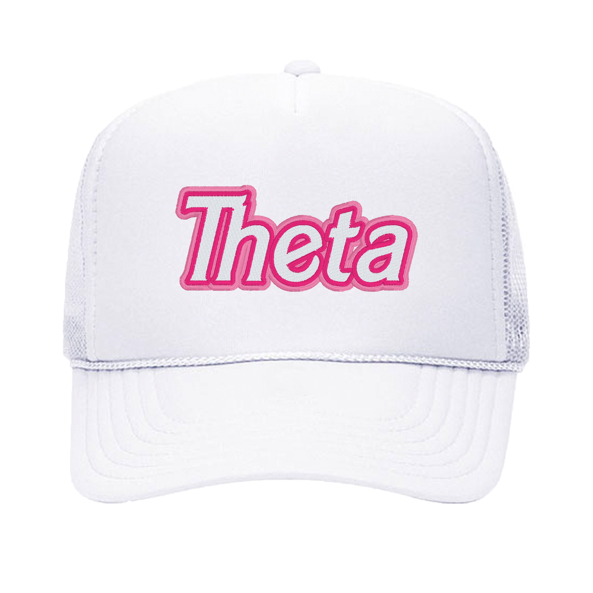 a white hat with the word theta printed on it