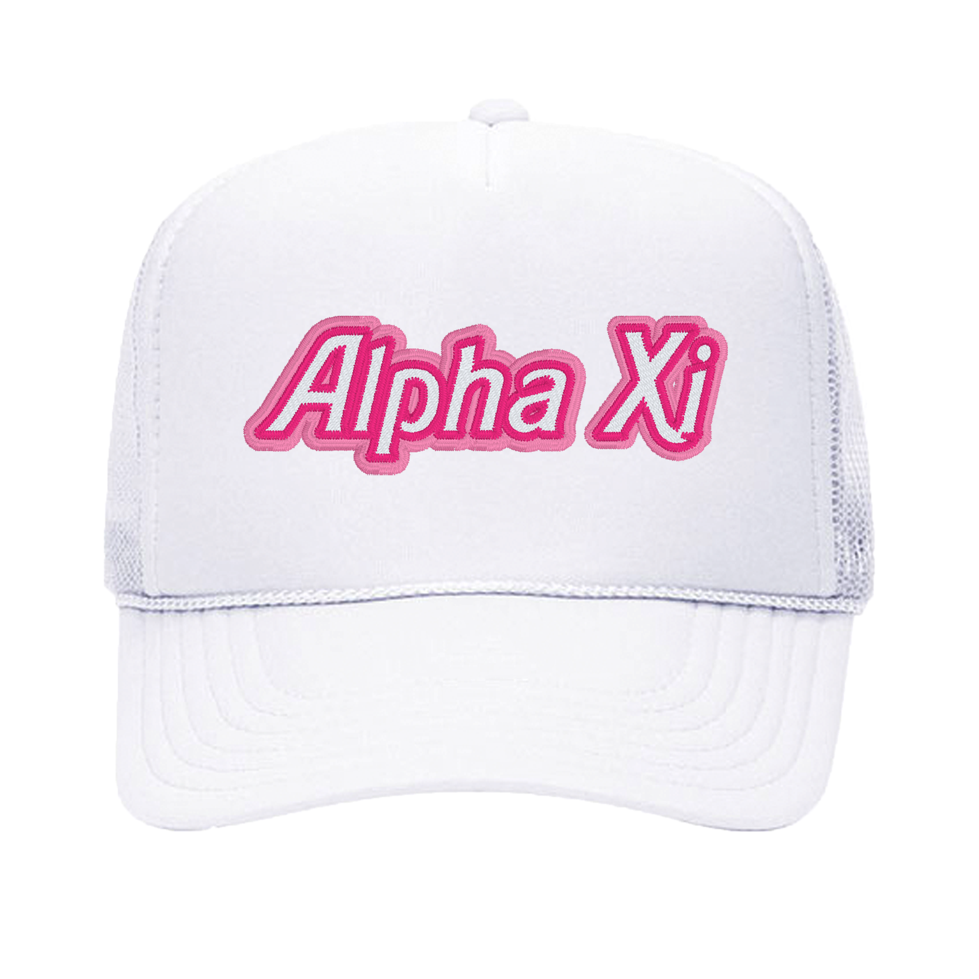 a white trucker hat with the word alpha xi on it