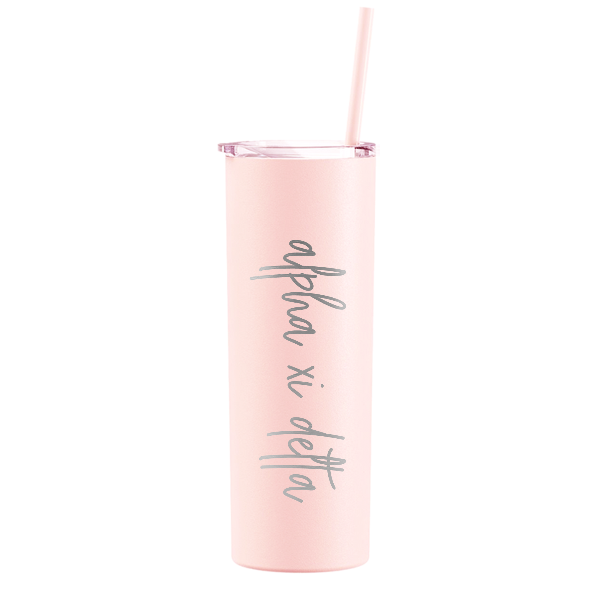 a pink tumbler cup with a straw in it