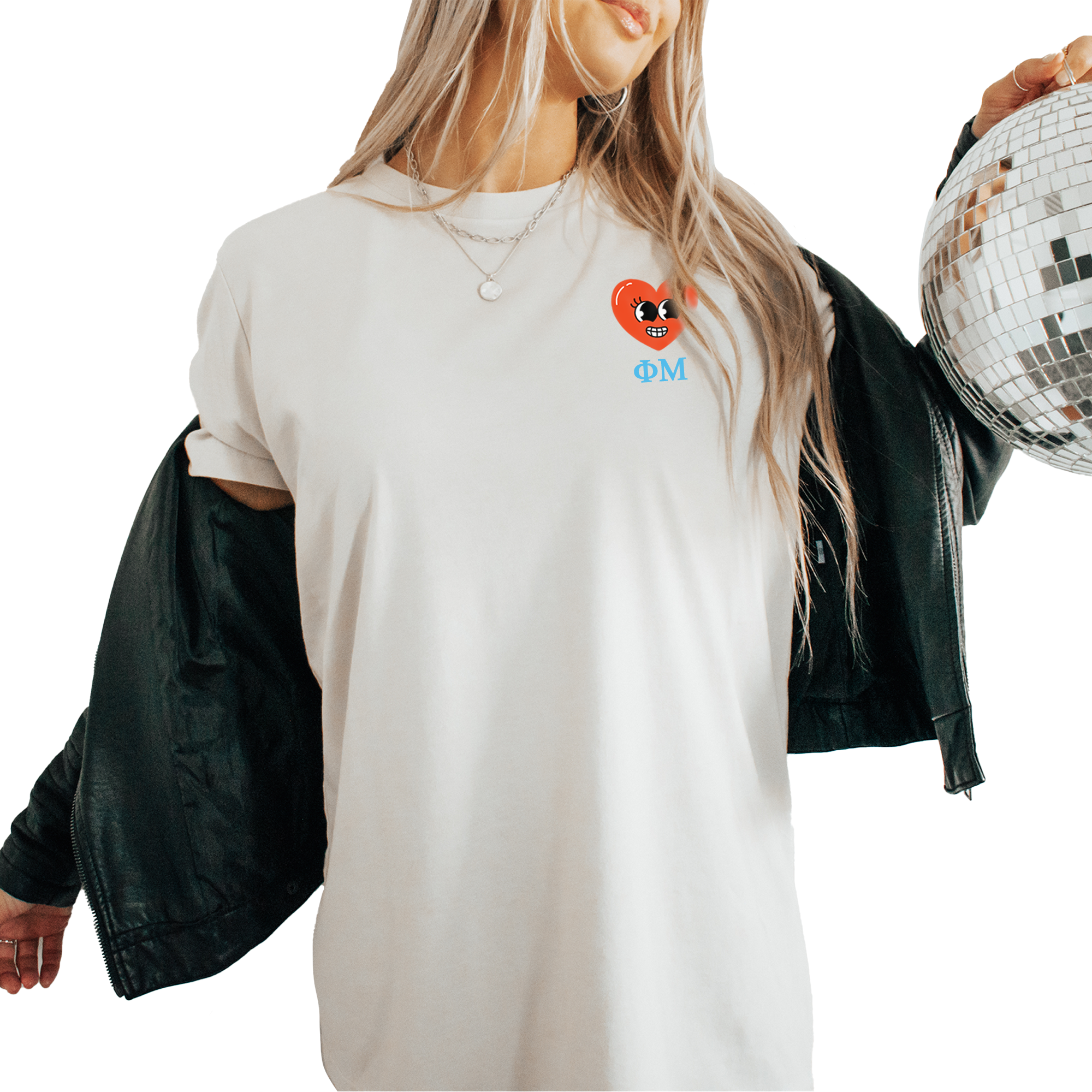 a woman holding a disco ball and jacket