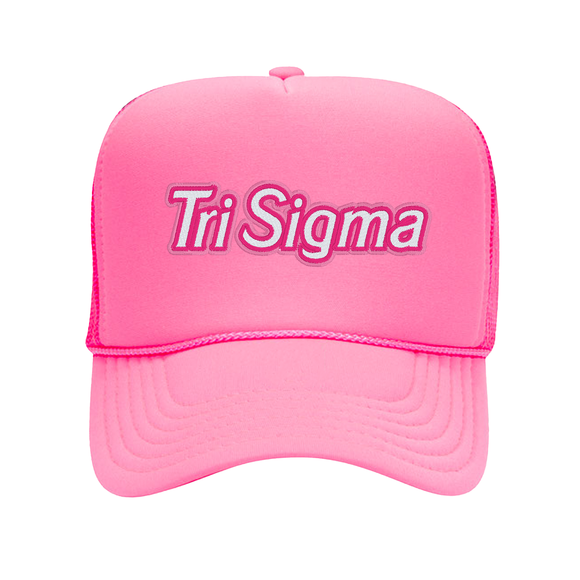 a pink trucker hat with the word tri sigma on it