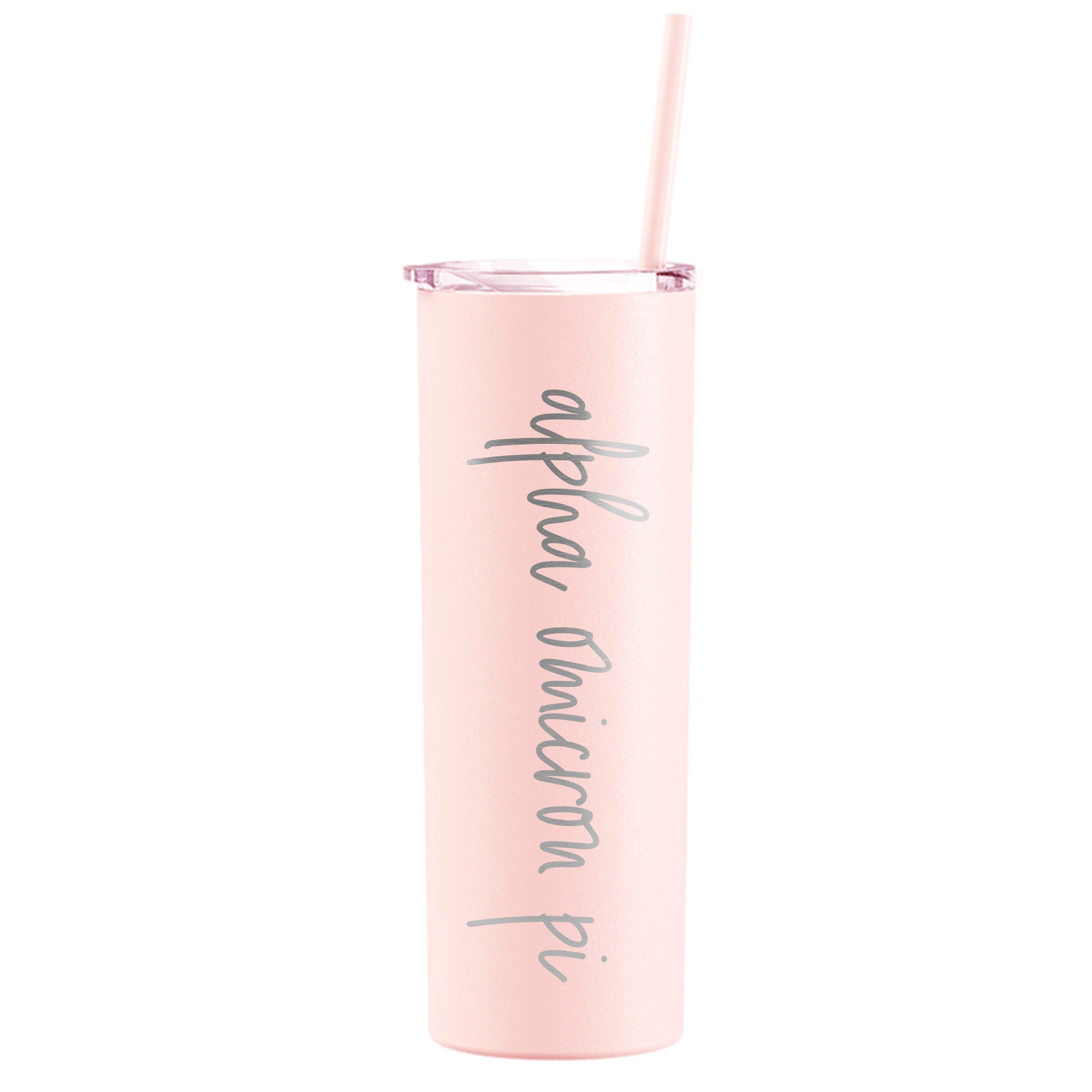 a pink tumbler cup with a straw in it