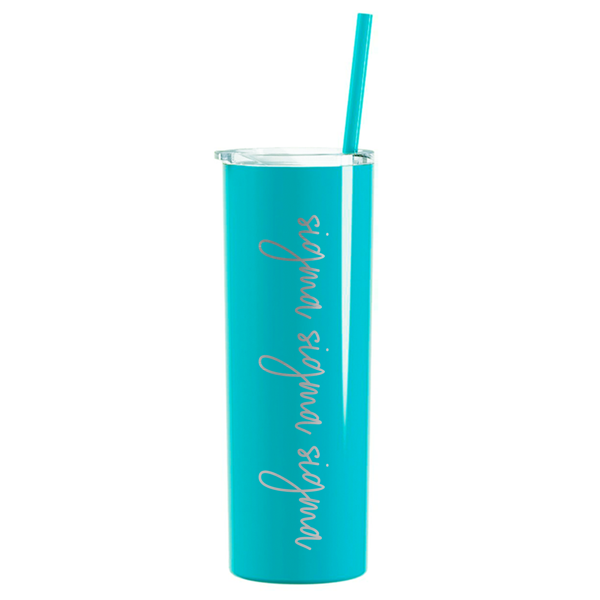 a blue tumbler cup with a straw in it