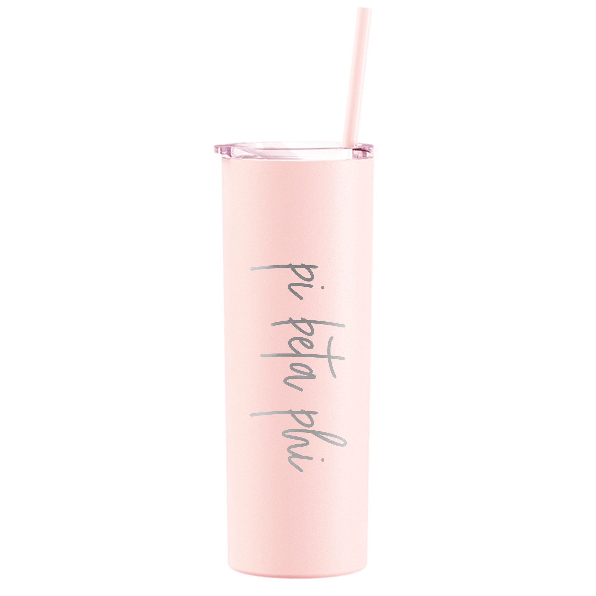 a pink tumbler cup with a straw in it