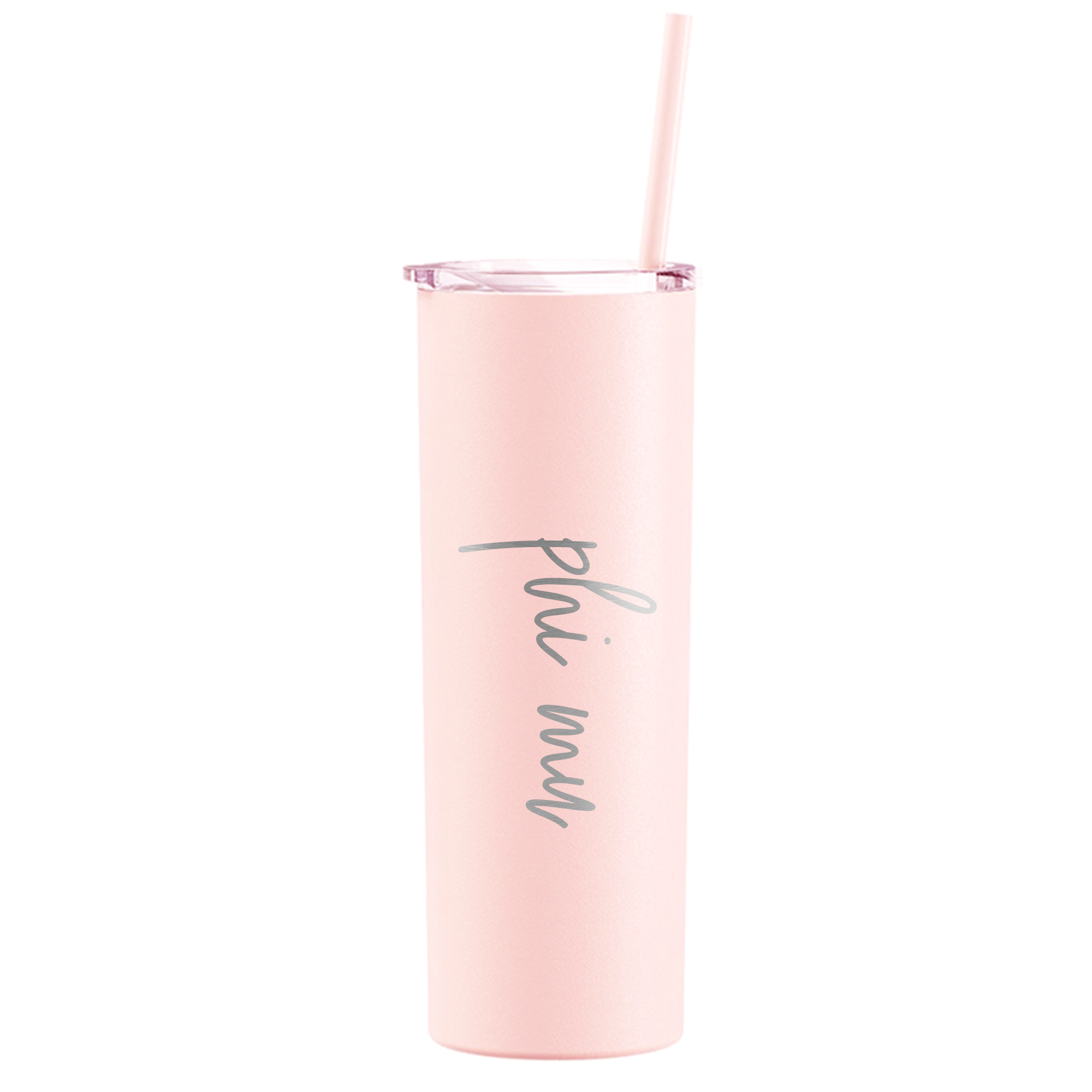 a pink tumbler cup with a straw in it