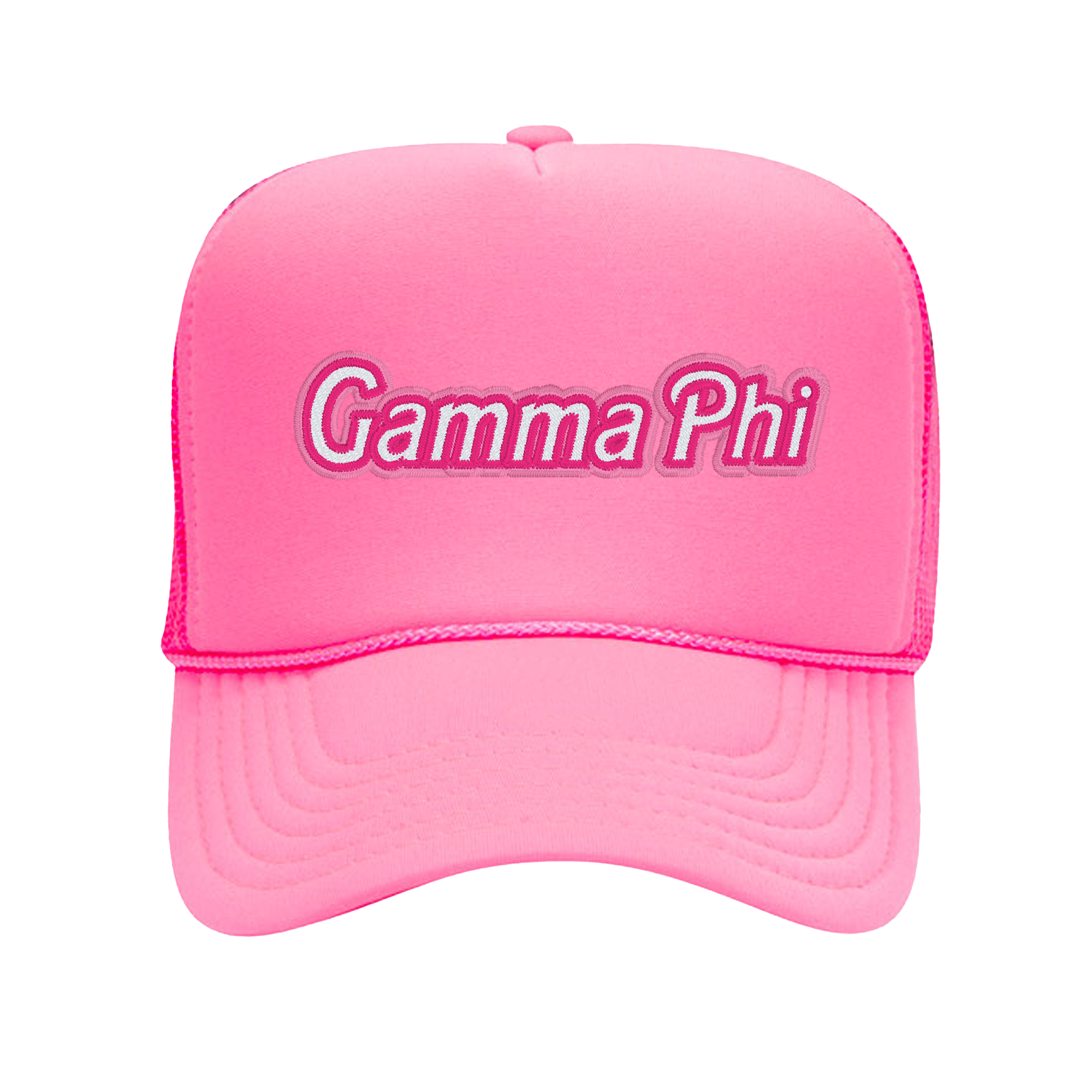 a pink trucker hat with the word camma phi on it
