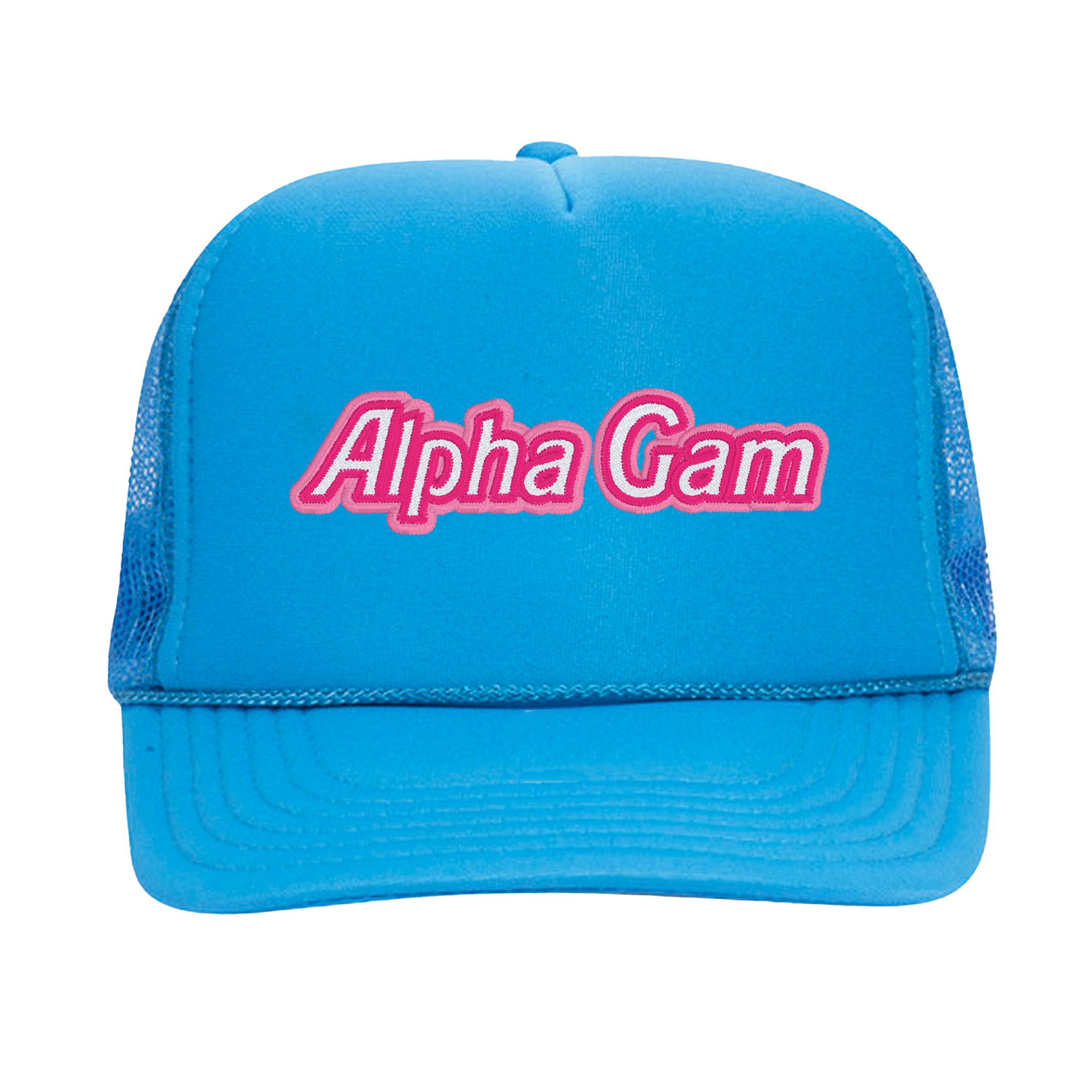 a blue trucker hat with the word alpha gam on it